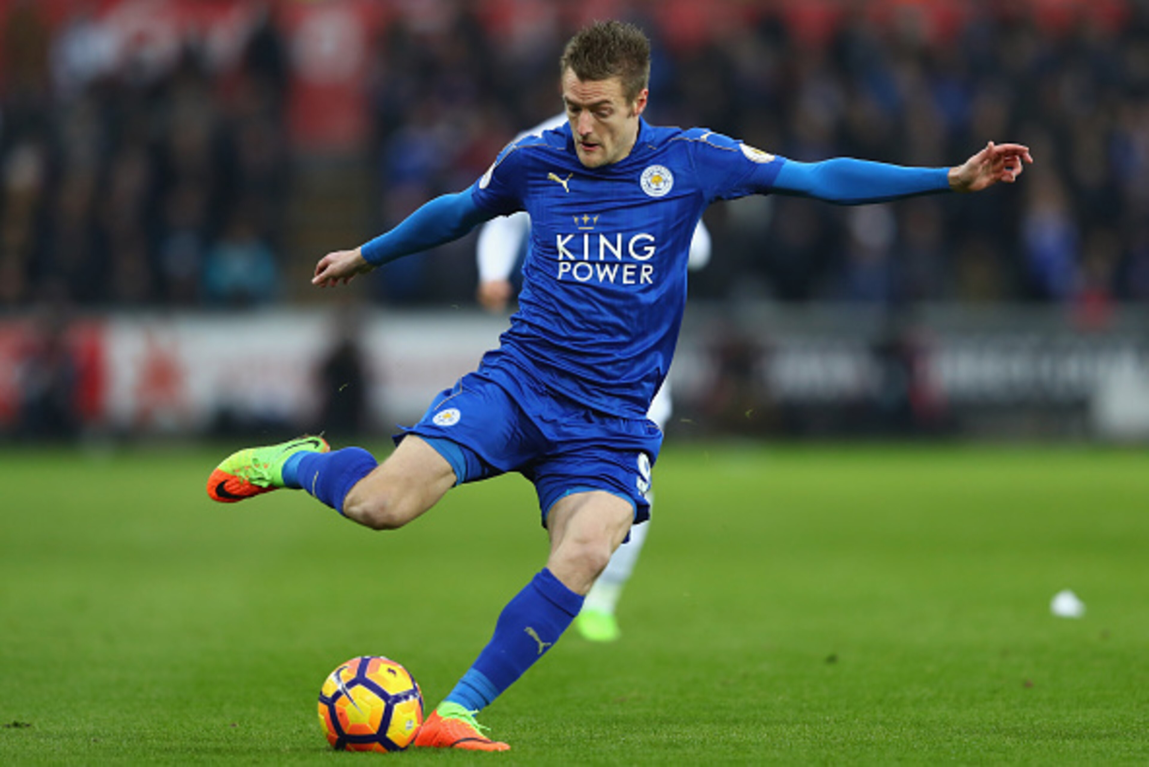 SWANSEA, WALES - FEBRUARY 12:  Jamie Vardy of Leicester City during the Premier League match between Swansea City and Leicester City at Liberty Stadium on February 12, 2017 in Swansea, Wales.  (Photo by Michael Steele/Getty Images)