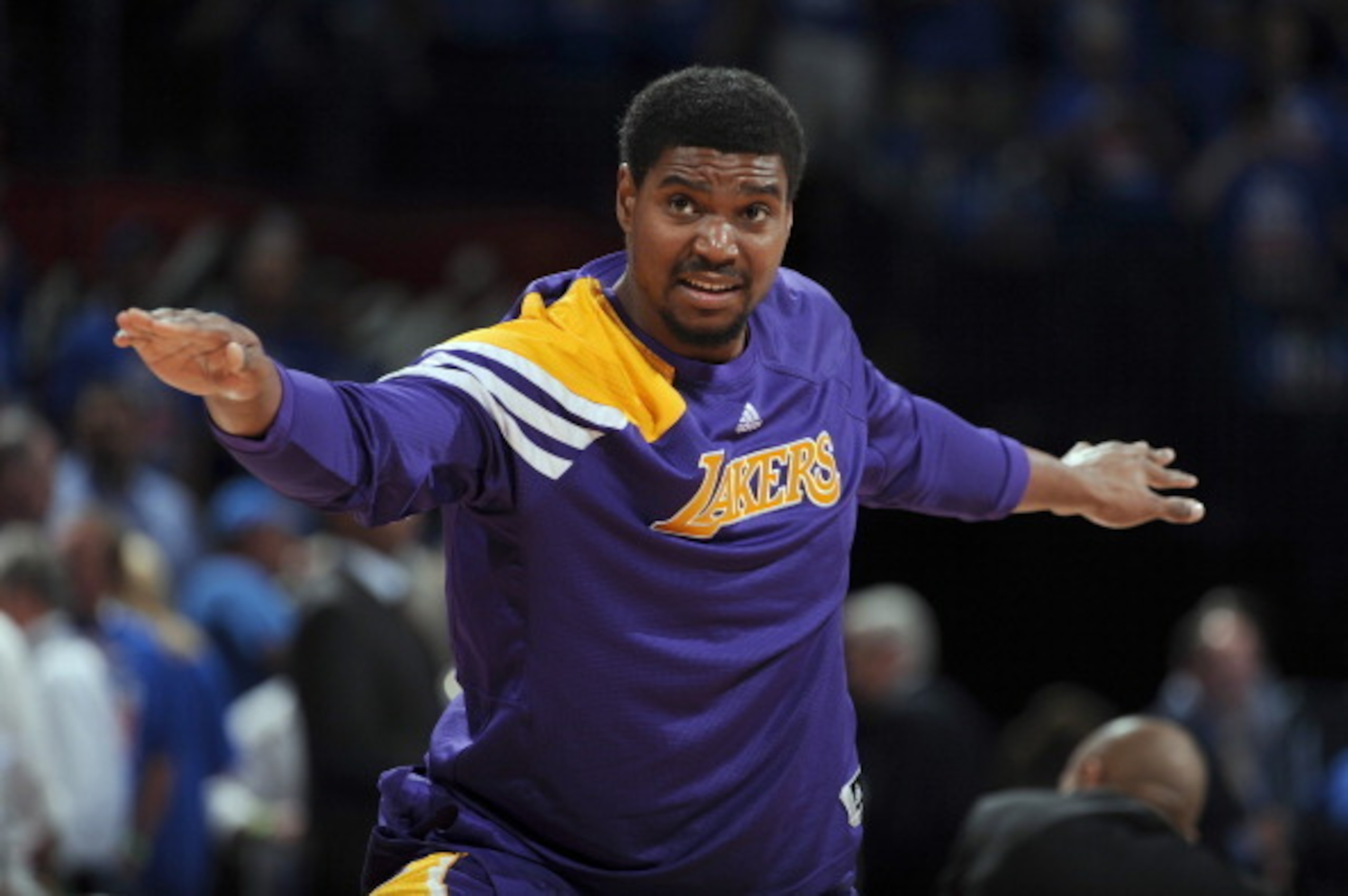 OKLAHOMA CITY, OK - MAY 21:  Andrew Bynum #17 of the Los Angeles Lakers stretches before Game Five of the Western Conference Semifinals between the Los Angeles Lakers and the Oklahoma City Thunder during the 2012 NBA Playoffs on May 21, 2012 at the Chesap