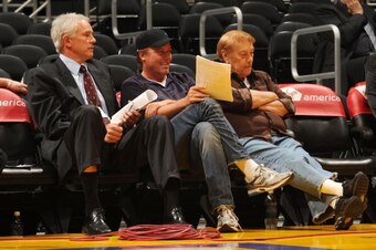 LOS ANGELES - APRIL 15:  Los Angeles Lakers general manager Mitch Kupchak, Jim Buss, and owner Jerry Buss watch the game between the Colorado 14ers against the Los Angeles D-Fenders at Staples Center on April 15, 2008 in Los Angeles, California.  NOTE TO 