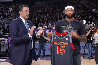 SACRAMENTO, CA - FEBRUARY 12: Vice president Vlade Divac of the Sacramento Kings announces DeMarcus Cousins #15 as an All-Star prior to the game against the New Orleans Pelicans on February 12, 2017 at Golden 1 Center in Sacramento, California. NOTE TO US