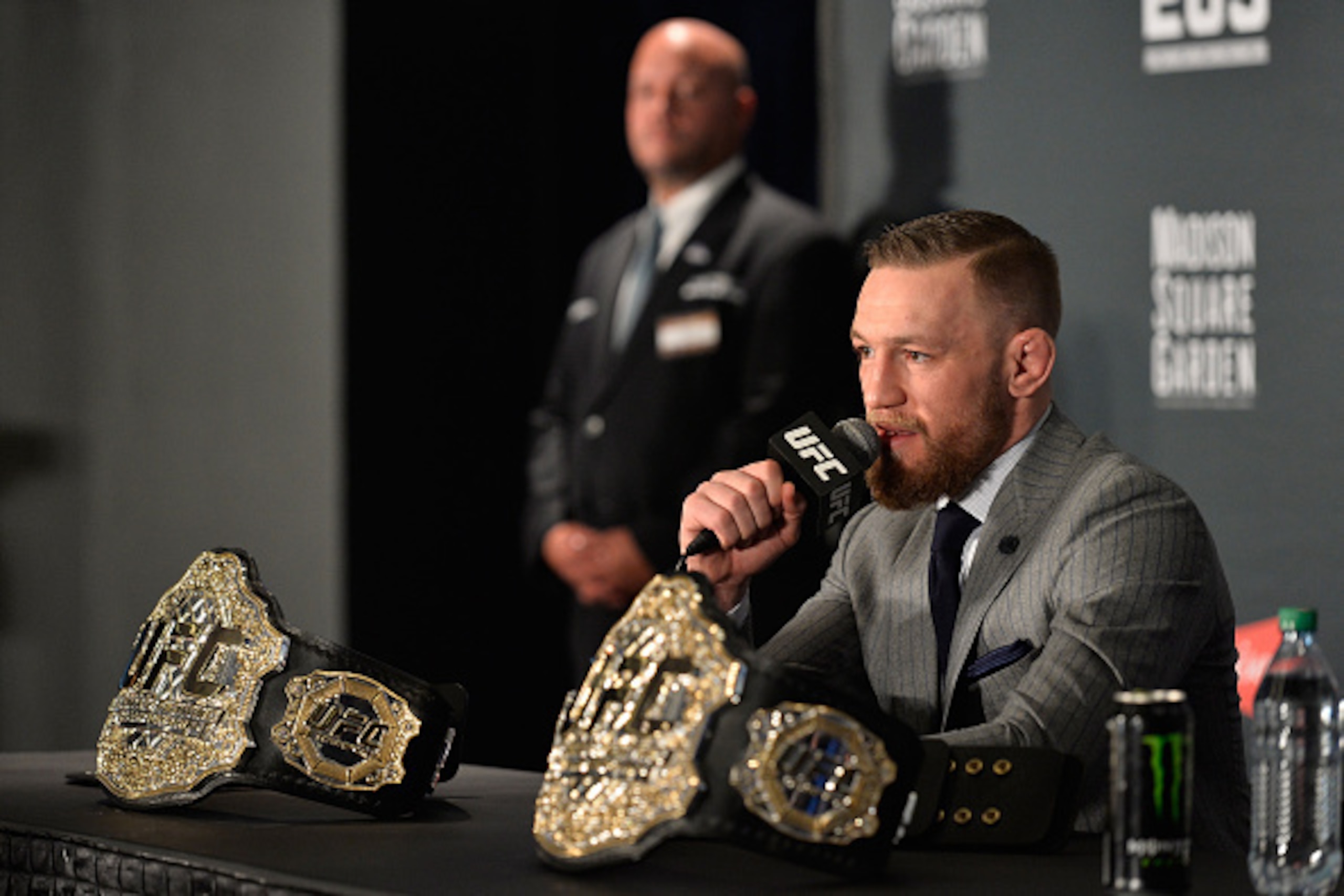 NEW YORK, NY - NOVEMBER 12:  UFC featherweight and lightweight champion Conor McGregor of Ireland speaks to the media during the UFC 205 post fight press conference at Madison Square Garden on November 12, 2016 in New York City. (Photo by Brandon Magnus/Z