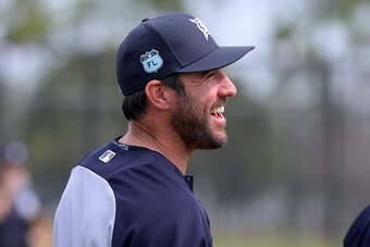 LAKELAND, FL - FEBRUARY 18:  Justin Verlander #35 of the Detroit Tigers looks on and smiles during Spring Training workouts at the TigerTown complex on February 18, 2017 in Lakeland, Florida.  (Photo by Mark Cunningham/MLB Photos via Getty Images)