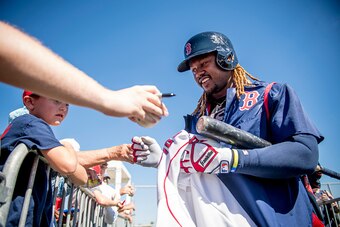 FT. MYERS, FL - FEBRUARY 20: Hanley Ramirez #13 of the Boston Red Sox signs autographs during a team workout on February 20, 2017 at Fenway South in Fort Myers, Florida . (Photo by Billie Weiss/Boston Red Sox/Getty Images)