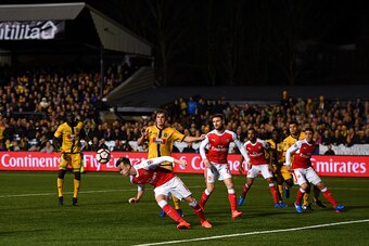 SUTTON, GREATER LONDON - FEBRUARY 20:  Rob Holding of Arsenal heads clear during the Emirates FA Cup fifth round match between Sutton United and Arsenal on February 20, 2017 in Sutton, Greater London.  (Photo by Mike Hewitt/Getty Images)