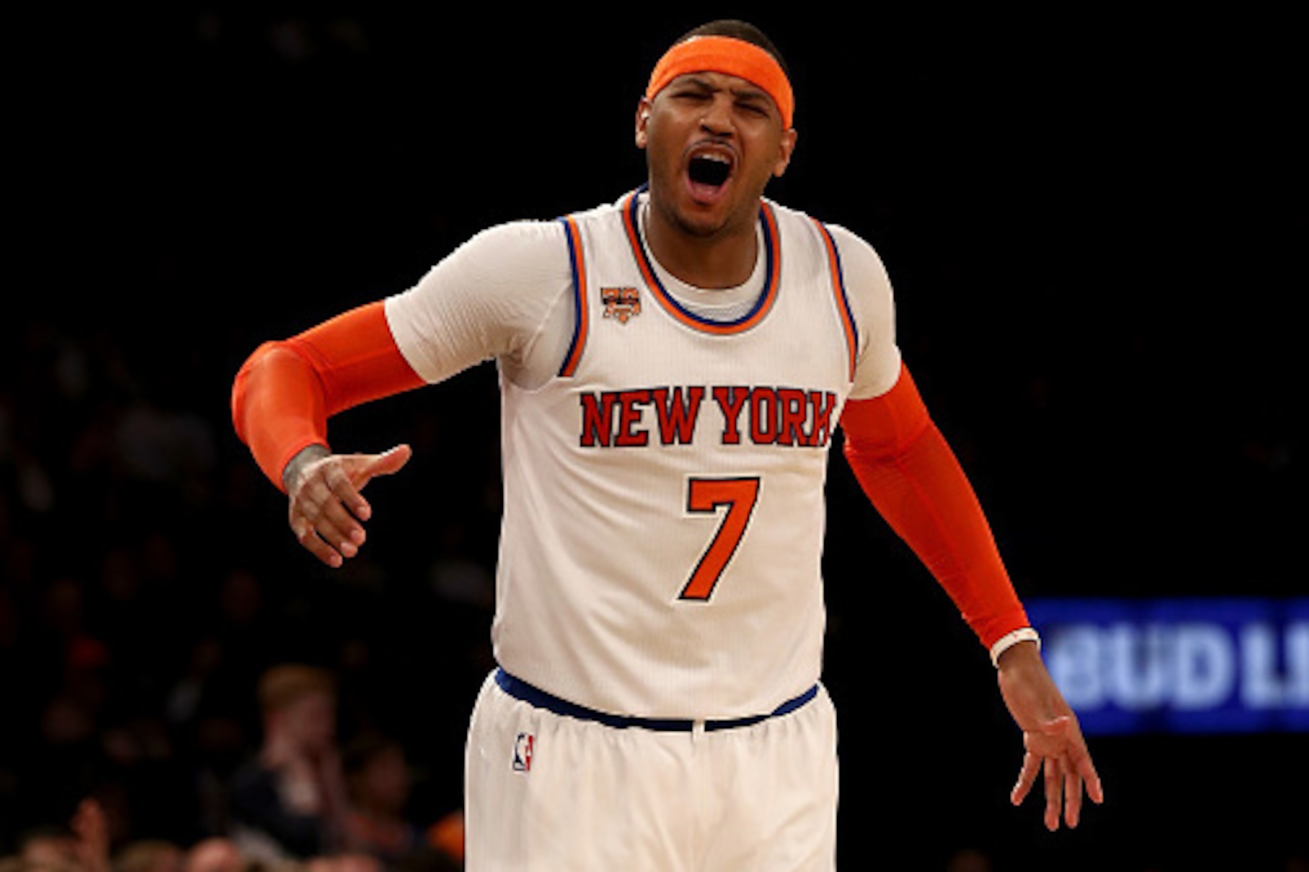 NEW YORK, NY - FEBRUARY 12:  Carmelo Anthony #7 of the New York Knicks reacts after he is called for a foul in the fourth quarter against the San Antonio Spurs at Madison Square Garden on February 12, 2017 in New York City. NOTE TO USER: User expressly ac