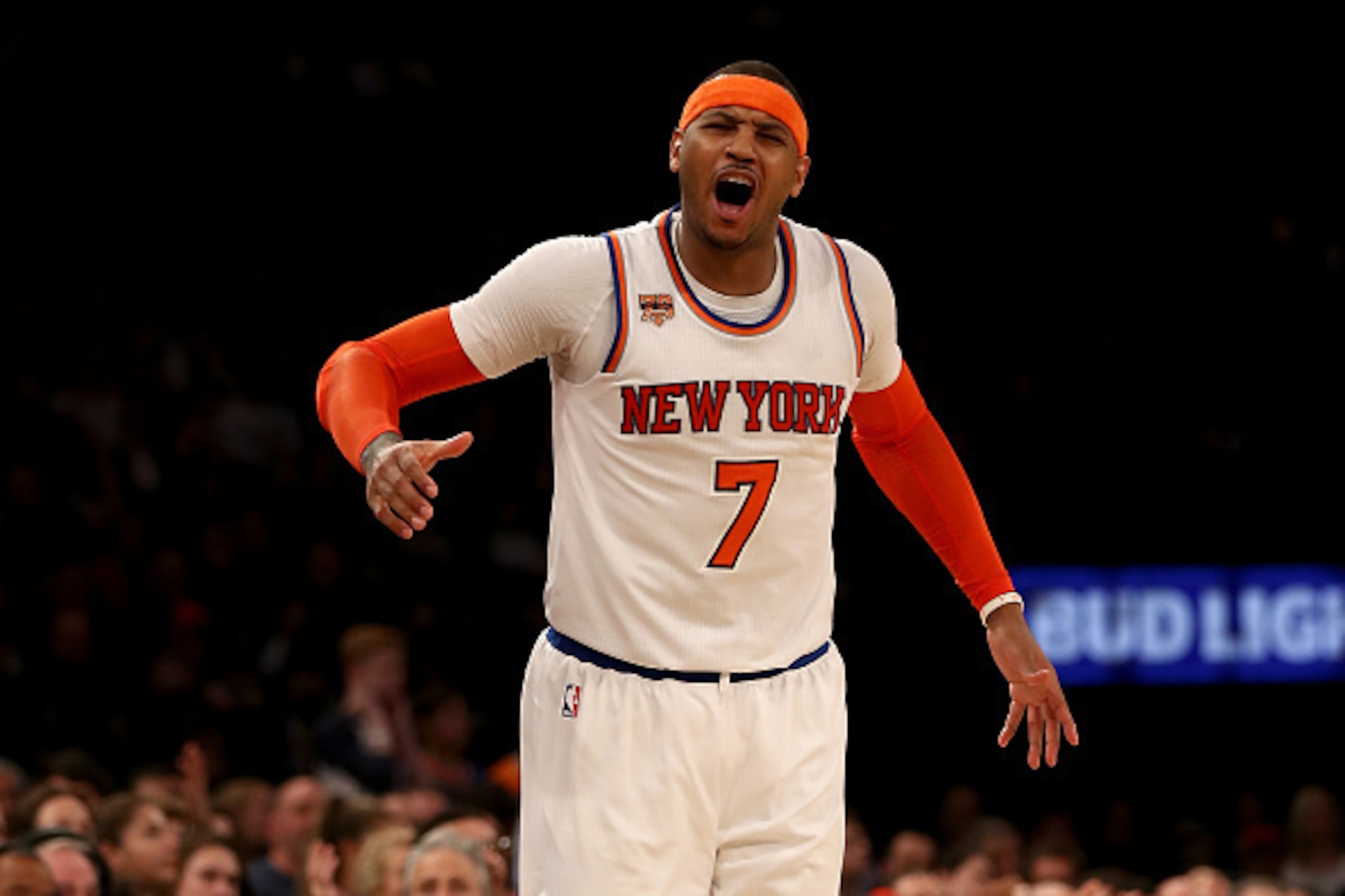 NEW YORK, NY - FEBRUARY 12:  Carmelo Anthony #7 of the New York Knicks reacts after he is called for a foul in the fourth quarter against the San Antonio Spurs at Madison Square Garden on February 12, 2017 in New York City. NOTE TO USER: User expressly ac