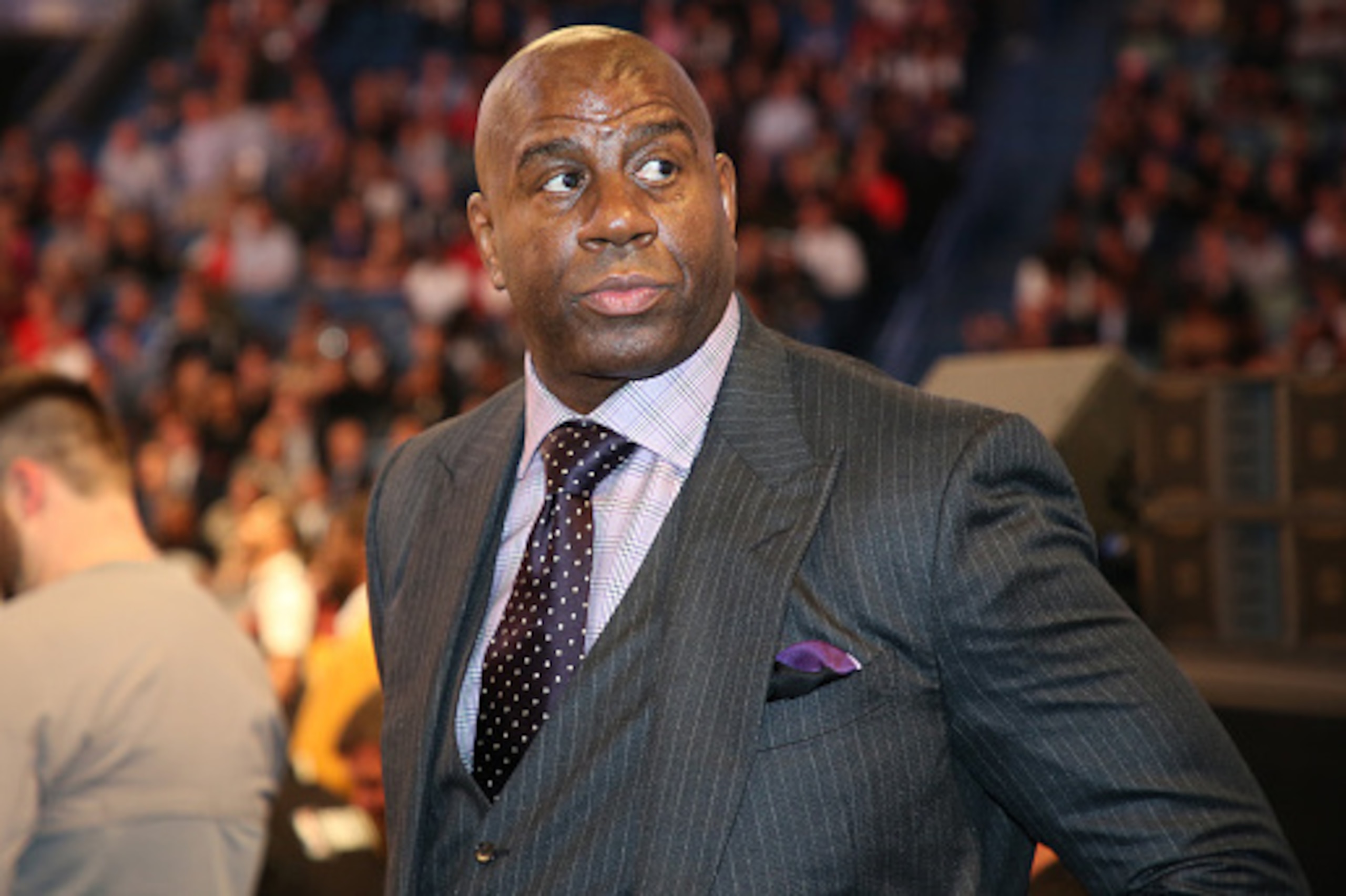 NEW ORLEANS, LA - FEBRUARY 19: NBA Legend, Magic Johnson walks around during the NBA All-Star Game as part of the 2017 NBA All Star Weekend on February 19, 2017 at the Smoothie King Center in New Orleans, Louisiana.  NOTE TO USER: User expressly acknowled