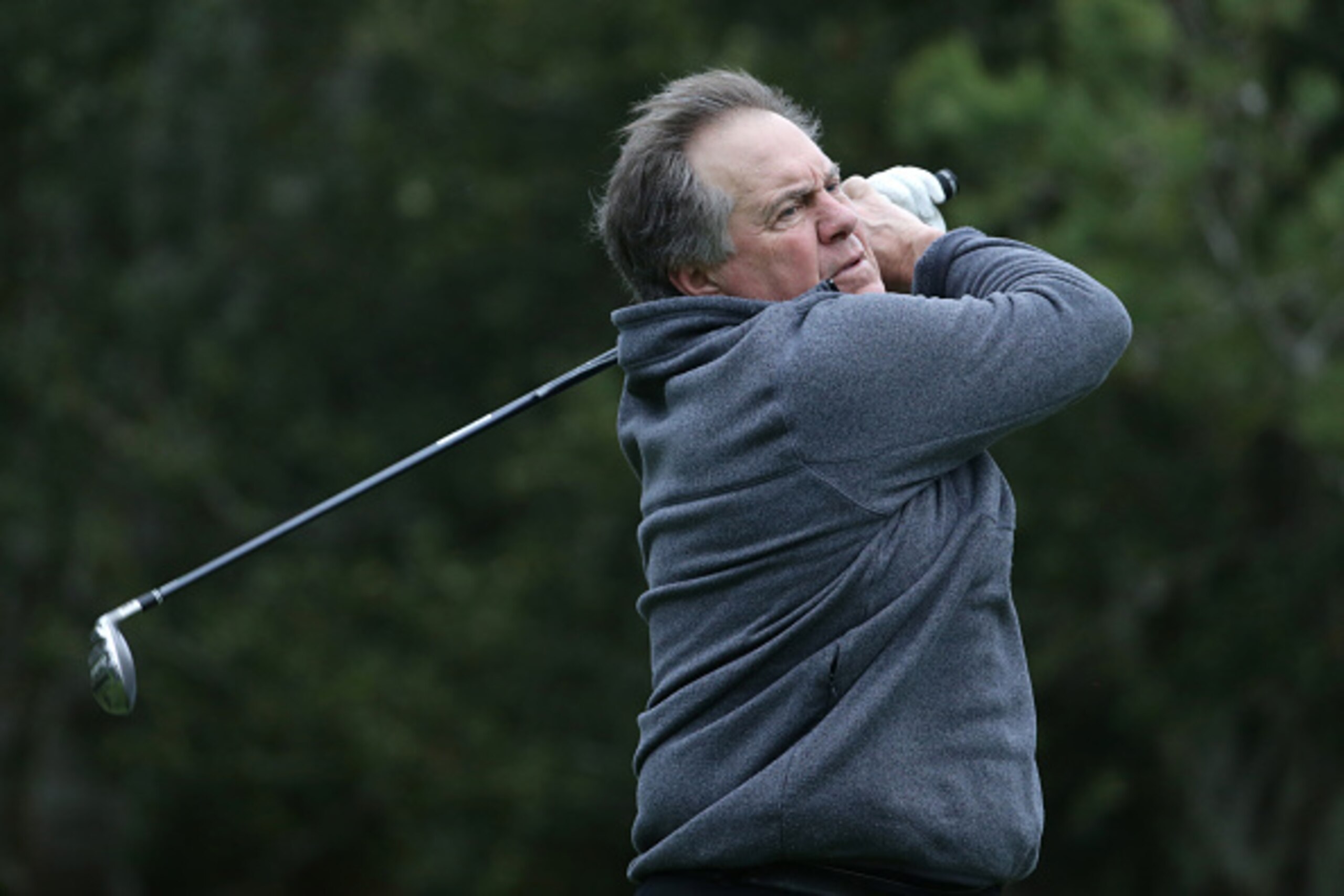 PEBBLE BEACH, CA - FEBRUARY 09:  Bill Belichick hits his tee shot on the 3rd hole during Round One of the AT&T Pebble Beach Pro-Am at Monterey Peninsula Country Club on February 9, 2017 in Pebble Beach, California.  (Photo by Jeff Gross/Getty Images)