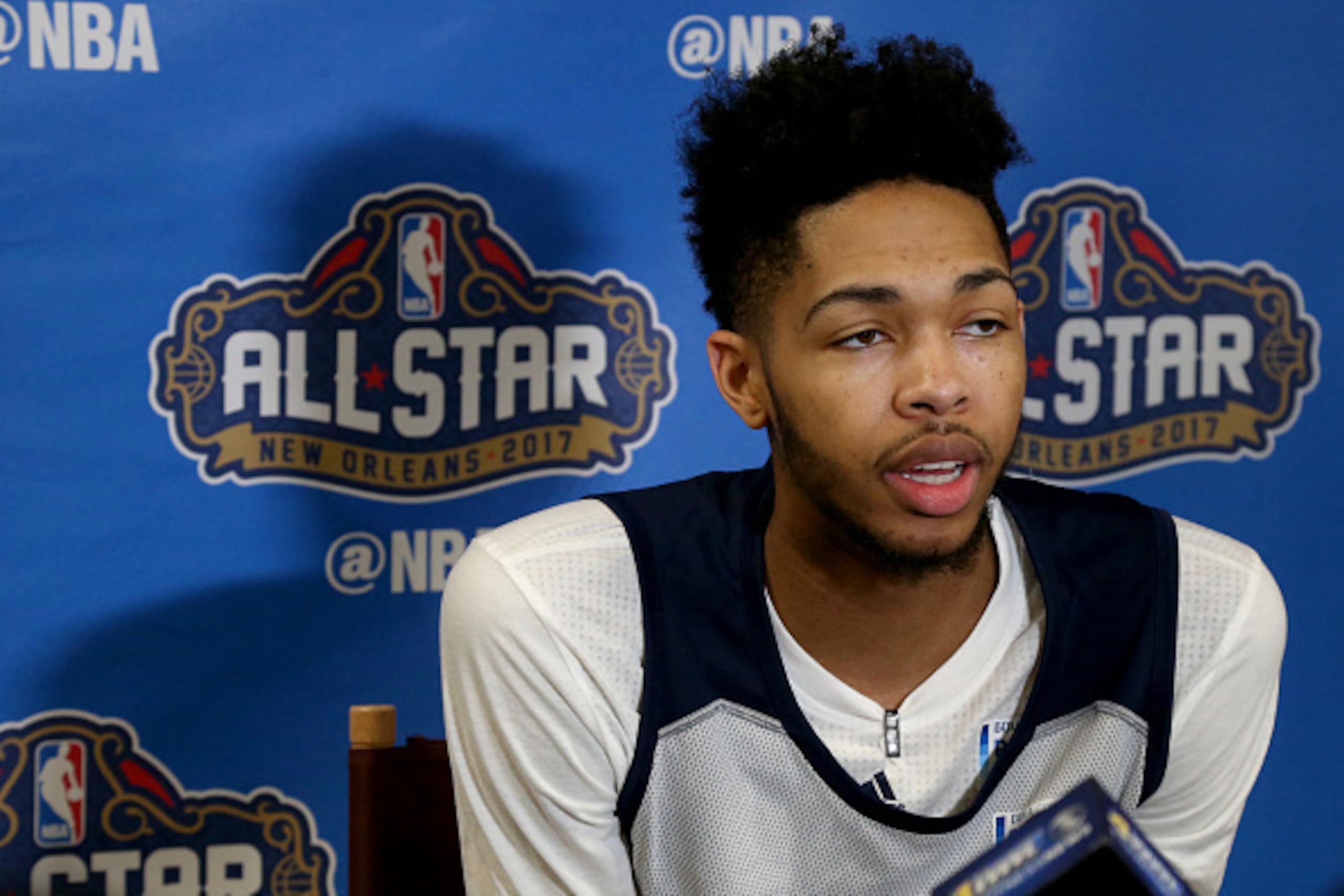 NEW ORLEANS, LA - FEBRUARY 17:  Brandon Ingram #14 of the USA Team interviews before the BBVA Rising Stars Challenge Practice as part of 2017 All-Star Weekend at the Mercedes-Benz Superdome on February 17, 2017 in New Orleans, Louisiana. NOTE TO USER: Use
