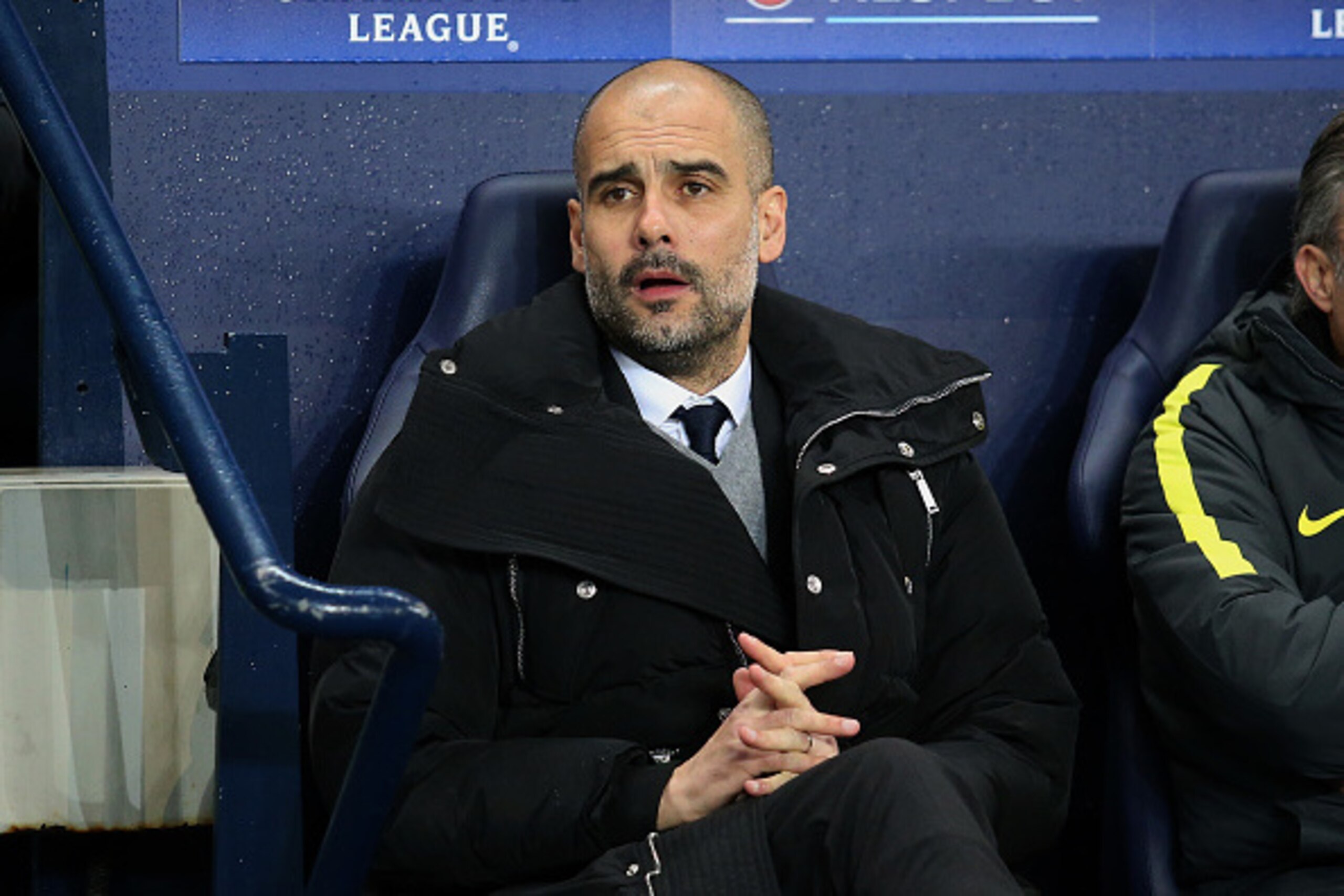 MANCHESTER, ENGLAND - FEBRUARY 21: Coach of Manchester City Pep Guardiola looks on during the UEFA Champions League Round of 16 first leg match between Manchester City FC and AS Monaco at Etihad Stadium on February 21, 2017 in Manchester, United Kingdom. MANCHESTER, ENGLAND - FEBRUARY 21: Coach of Manchester City Pep Guardiola looks on during the UEFA Champions League Round of 16 first leg match between Manchester City FC and AS Monaco at Etihad Stadium on February 21, 2017 in Manchester, United Kingdom.