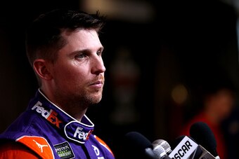 DAYTONA BEACH, FL - FEBRUARY 22:  Denny Hamlin, driver of the #11 FedEx Express Toyota, speaks with the media during the Daytona 500 Media Day at Daytona International Speedway on February 22, 2017 in Daytona Beach, Florida.  (Photo by Jerry Markland/Gett