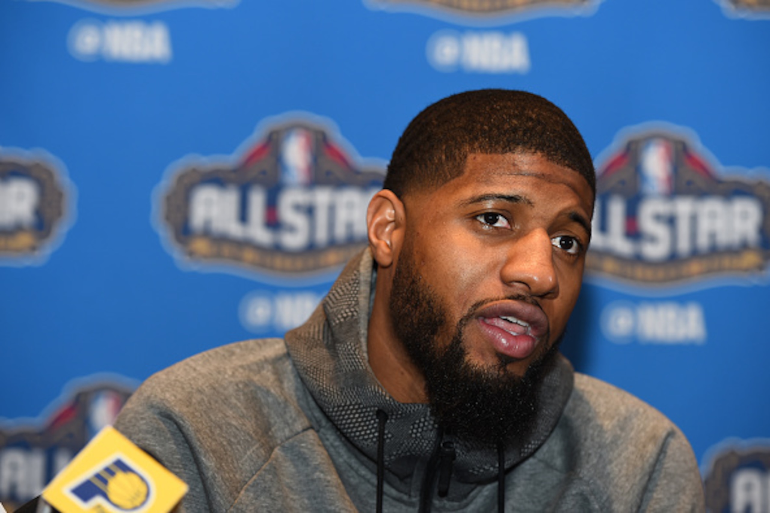 NEW ORLEANS, LA - FEBRUARY 17: Paul George #13 of the Indiana Pacers speaks to the media during 2017 NBA All-Star media availability on February 17, 2017 at the Ritz Carlton in New Orleans, Louisiana. NOTE TO USER: User expressly acknowledges and agrees t