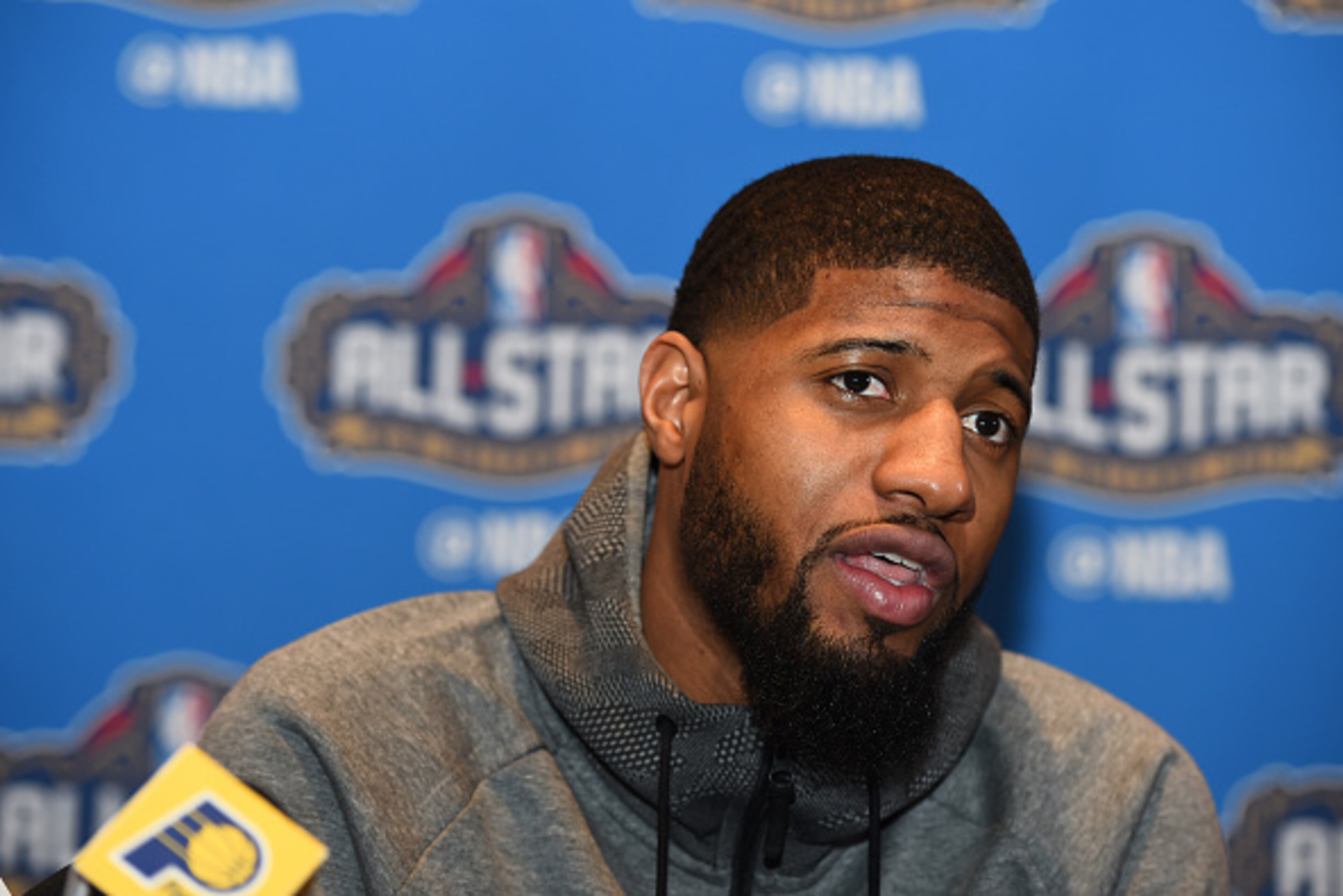 NEW ORLEANS, LA - FEBRUARY 17: Paul George #13 of the Indiana Pacers speaks to the media during 2017 NBA All-Star media availability on February 17, 2017 at the Ritz Carlton in New Orleans, Louisiana. NOTE TO USER: User expressly acknowledges and agrees t