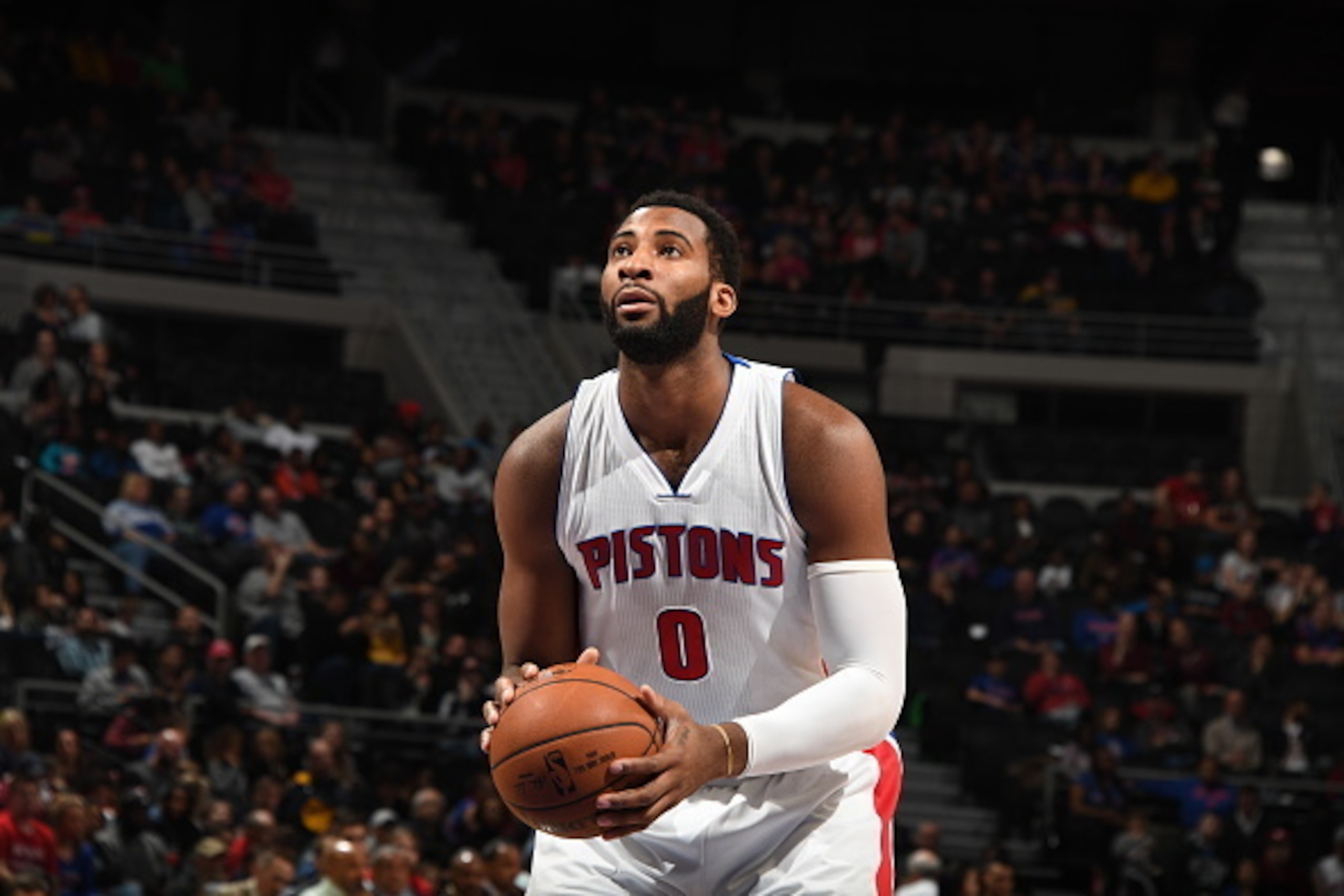 AUBURN HILLS, MI - JANUARY 21: Andre Drummond #0 of the Detroit Pistons shoots a free throw against the Washington Wizards on January 21, 2017 at The Palace of Auburn Hills in Auburn Hills, Michigan. NOTE TO USER: User expressly acknowledges and agrees th