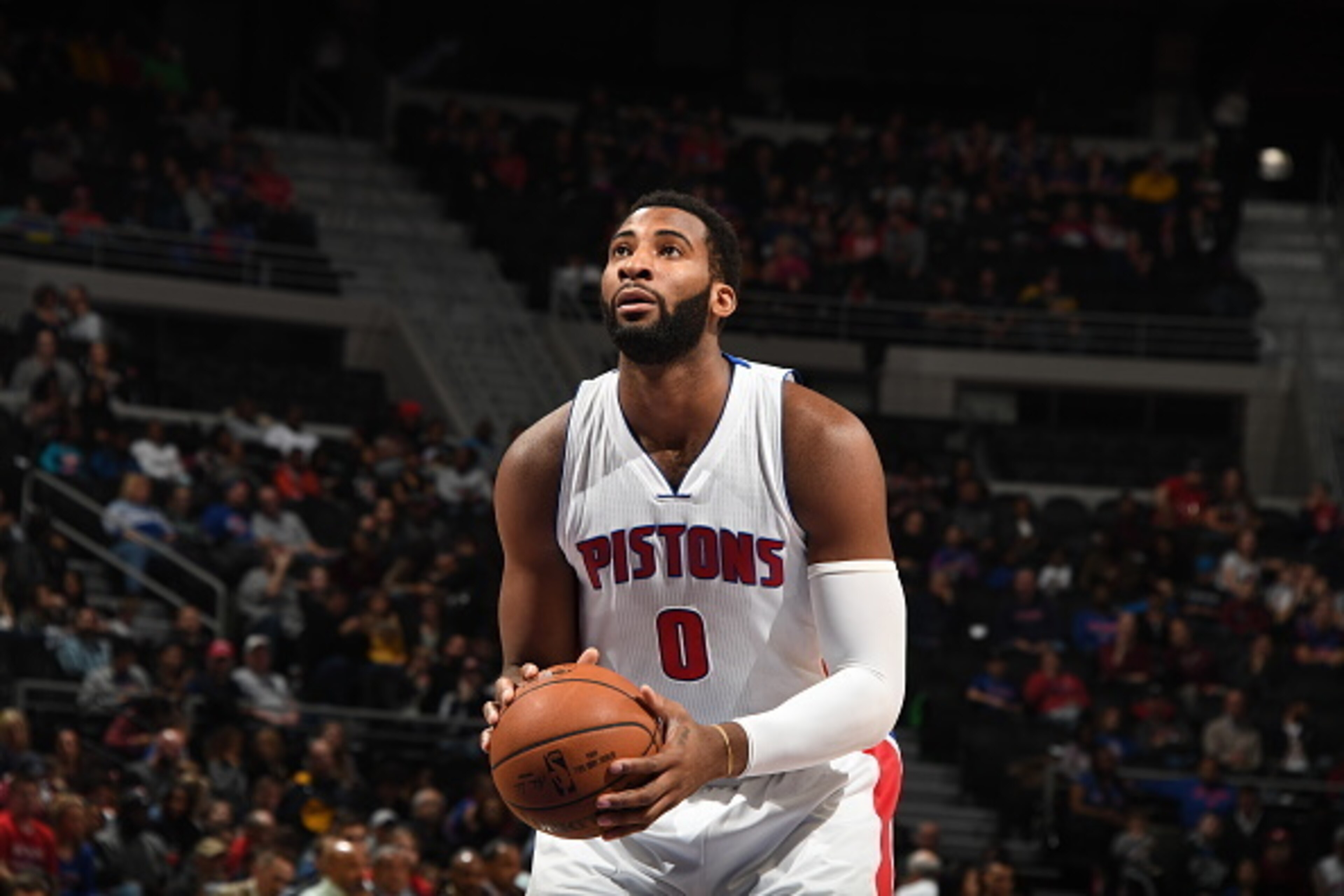 AUBURN HILLS, MI - JANUARY 21: Andre Drummond #0 of the Detroit Pistons shoots a free throw against the Washington Wizards on January 21, 2017 at The Palace of Auburn Hills in Auburn Hills, Michigan. NOTE TO USER: User expressly acknowledges and agrees th