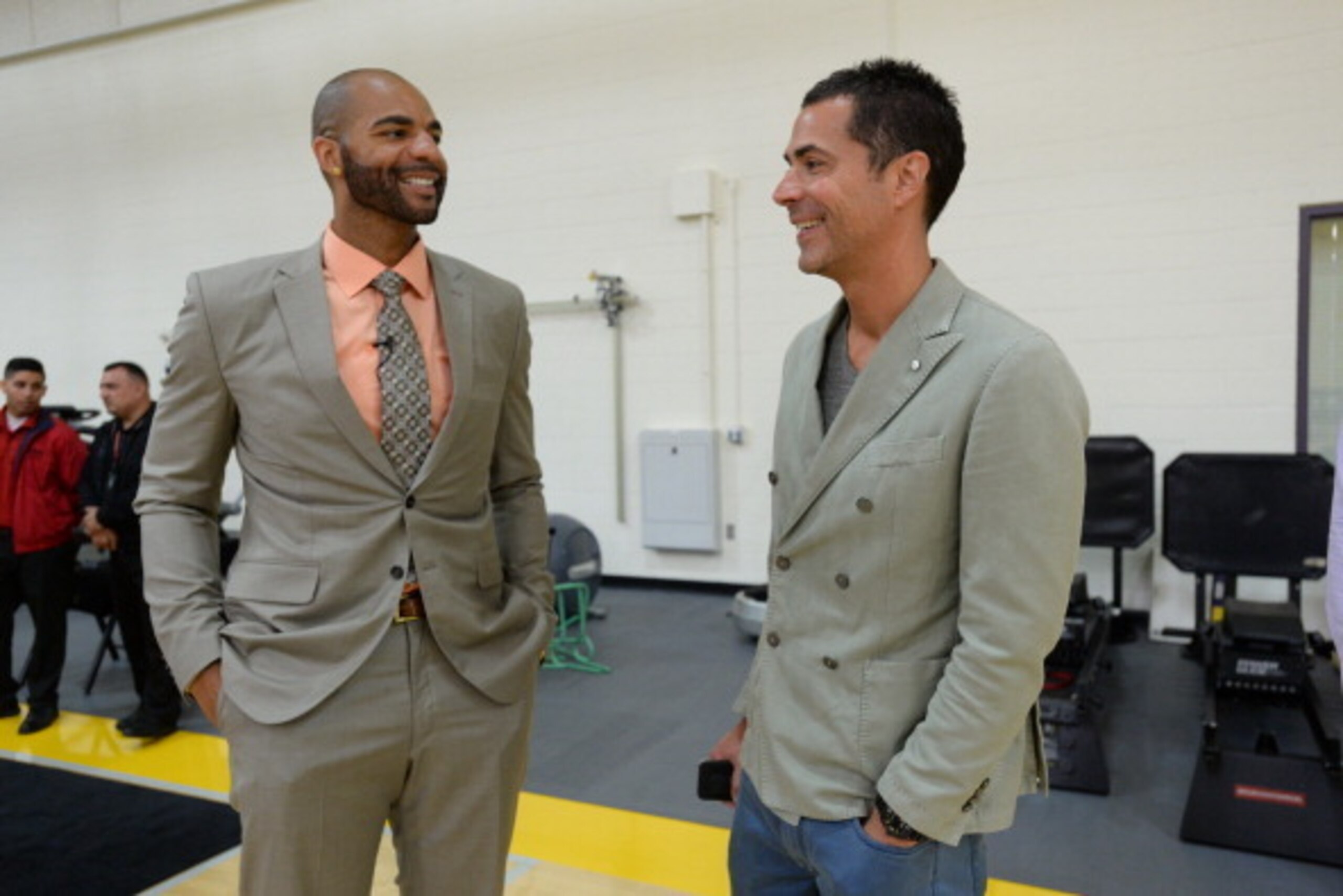 EL SEGUNDO, CA - JULY 25:  Carlos Boozer of the Los Angeles Lakers and Rob Pelinka after a press conference at the Toyota Sports Center on July 25, 2014 in El Segundo, California. NOTE TO USER: User expressly acknowledges and agrees that, by downloading a