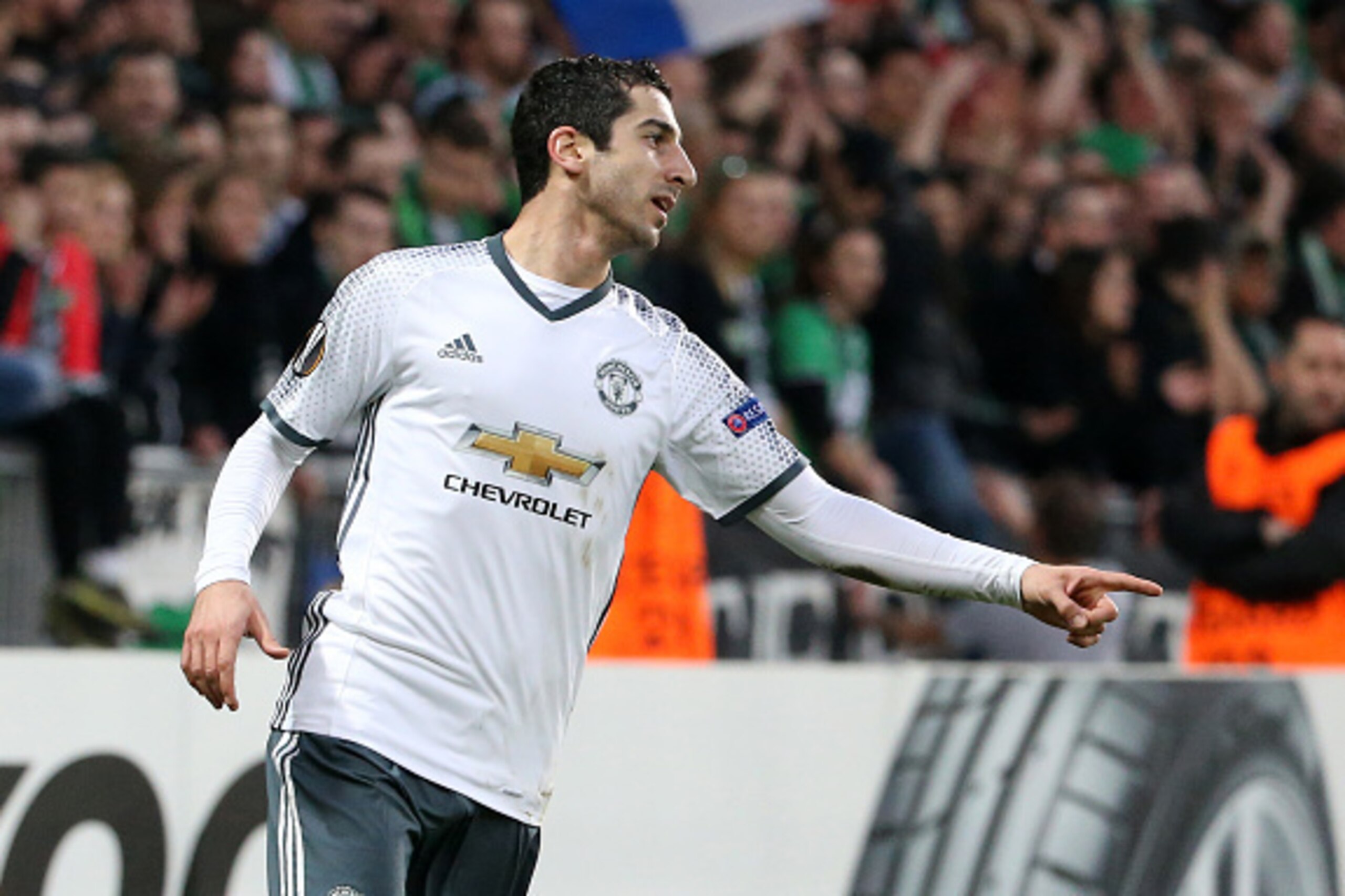 SAINT-ETIENNE, FRANCE - FEBRUARY 22: Henrikh Mkhitaryan of Manchester United celebrates his goal during the UEFA Europa League Round of 32 second leg match between AS Saint-Etienne (ASSE) and Manchester United at Stade Geoffroy-Guichard on February 22, 20 SAINT-ETIENNE, FRANCE - FEBRUARY 22: Henrikh Mkhitaryan of Manchester United celebrates his goal during the UEFA Europa League Round of 32 second leg match between AS Saint-Etienne (ASSE) and Manchester United at Stade Geoffroy-Guichard on February 22, 20