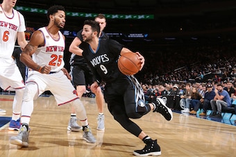 NEW YORK, NY - DECEMBER 2:  Ricky Rubio #9 of the Minnesota Timberwolves drives to the basket during a game against the New York Knicks on December 2, 2016 at Madison Square Garden in New York City, New York. NOTE TO USER: User expressly acknowledges and 