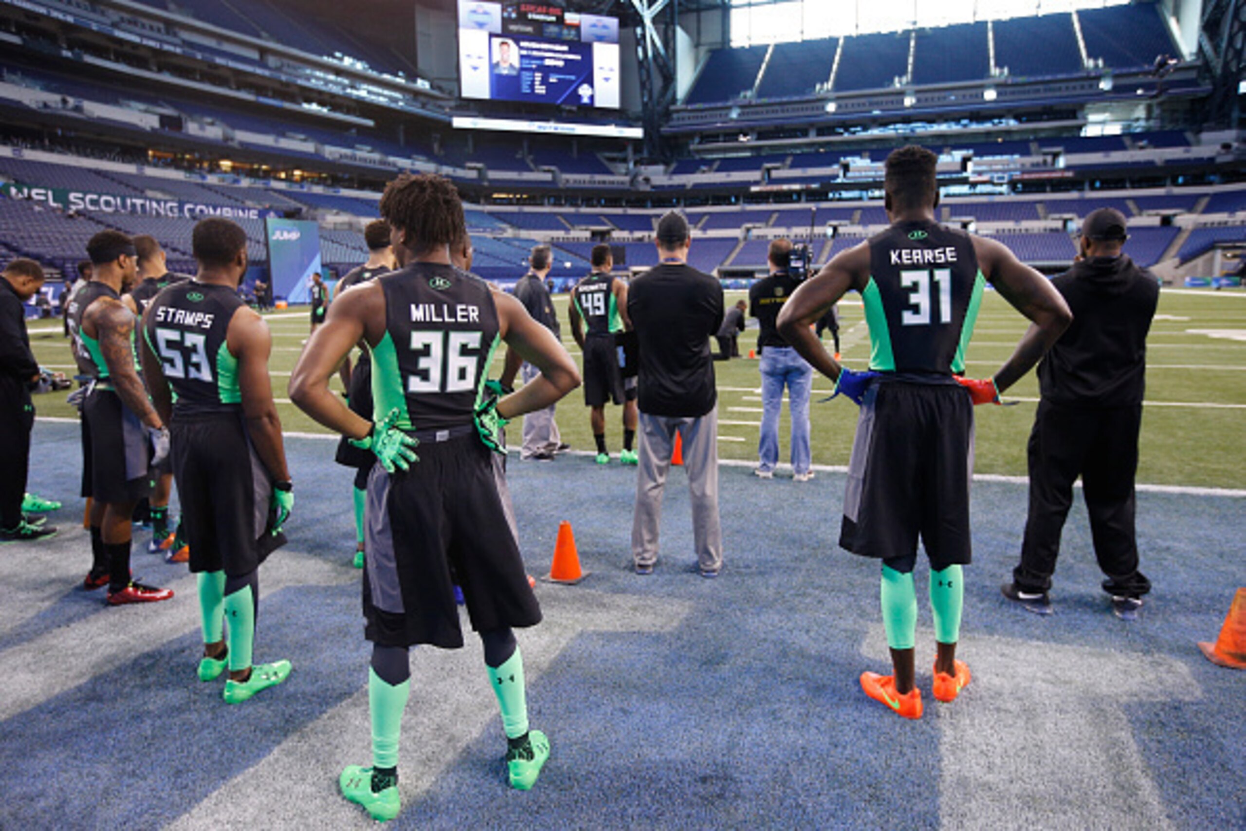 INDIANAPOLIS, IN - FEBRUARY 29: General view as defensive backs look on during the 2016 NFL Scouting Combine at Lucas Oil Stadium on February 29, 2016 in Indianapolis, Indiana. (Photo by Joe Robbins/Getty Images)