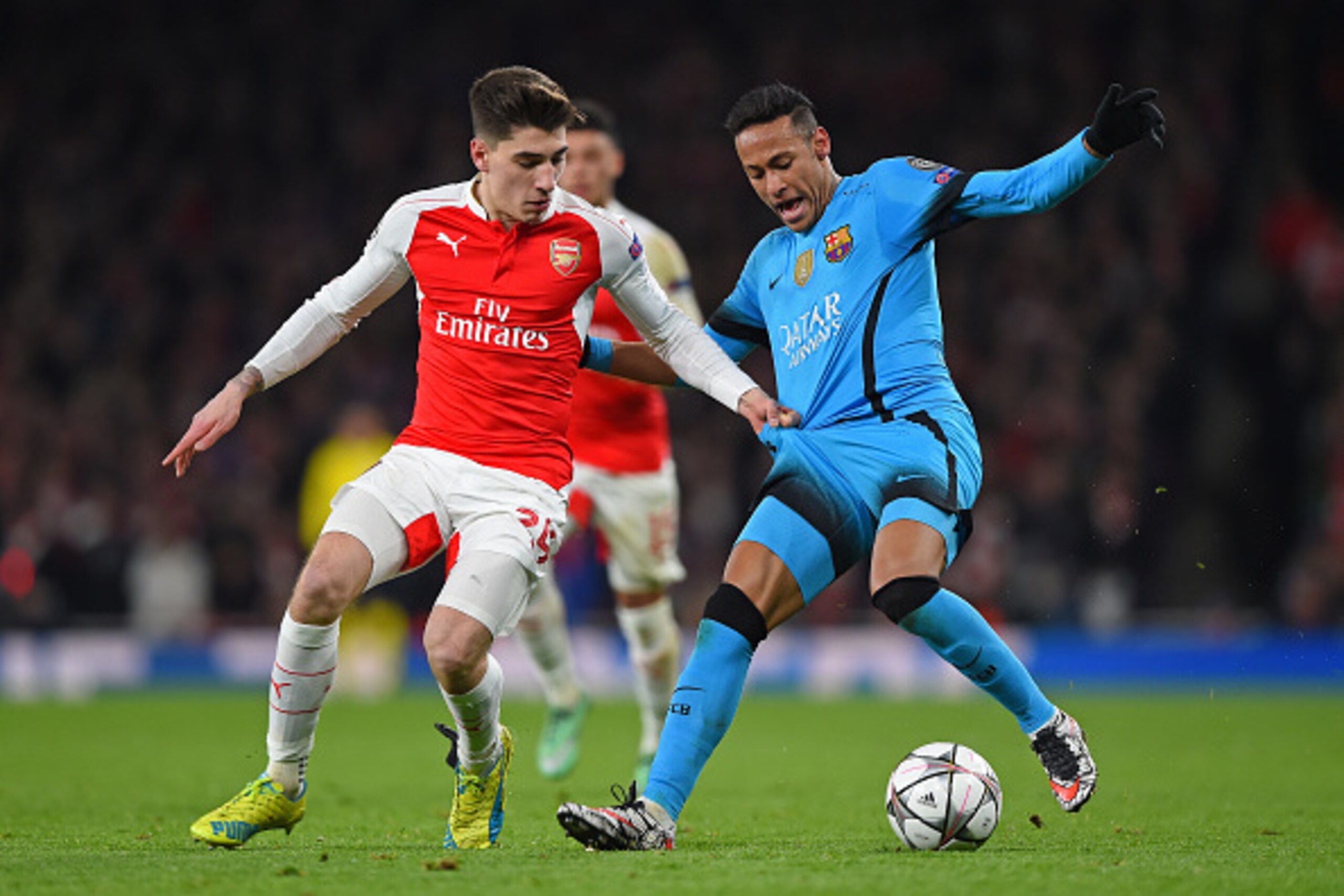 LONDON, ENGLAND - FEBRUARY 23:  Neymar of Barcelona is challenged by Hector Bellerin of Arsenal during the UEFA Champions League round of 16, first leg match between Arsenal FC and FC Barcelona at the Emirates Stadium on February 23, 2016 in London, Unite