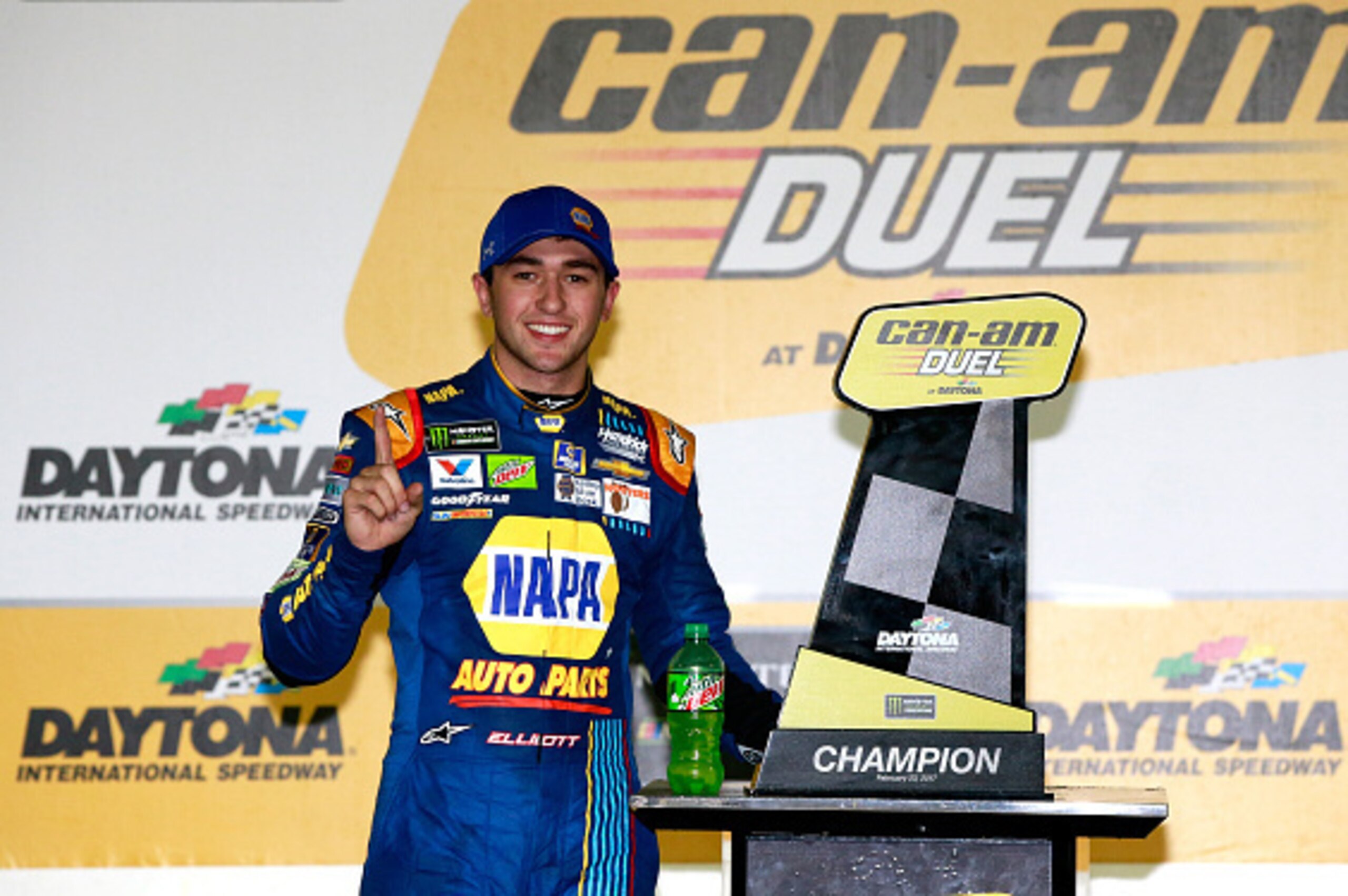 DAYTONA BEACH, FL - FEBRUARY 23:  Chase Elliott, driver of the #24 NAPA Chevrolet, celebrates with the trophy in Victory Lane after winning the Monster Energy NASCAR Cup Series Can-Am Duel 1 at Daytona International Speedway on February 23, 2017 in Dayton