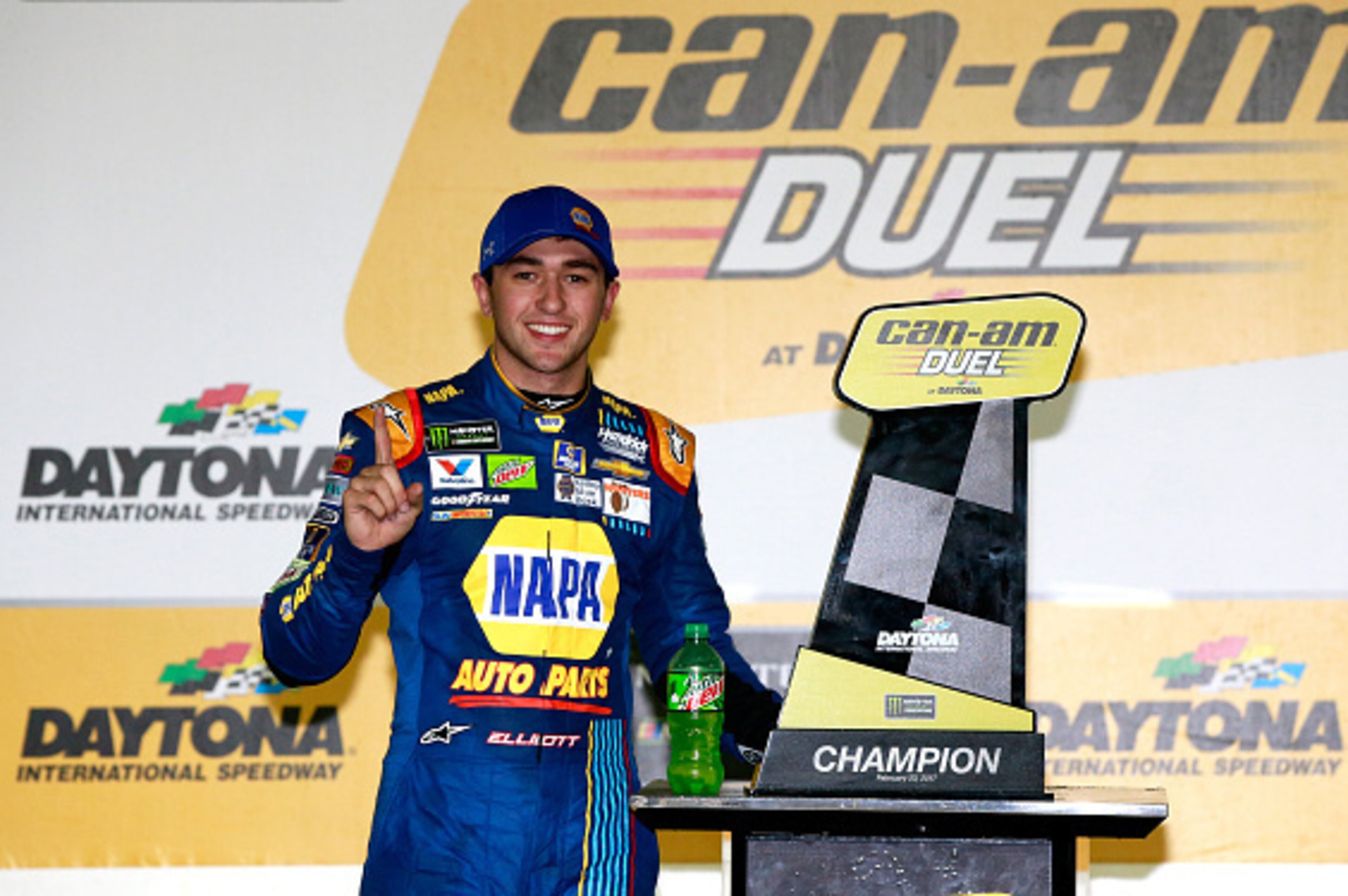 DAYTONA BEACH, FL - FEBRUARY 23:  Chase Elliott, driver of the #24 NAPA Chevrolet, celebrates with the trophy in Victory Lane after winning the Monster Energy NASCAR Cup Series Can-Am Duel 1 at Daytona International Speedway on February 23, 2017 in Dayton