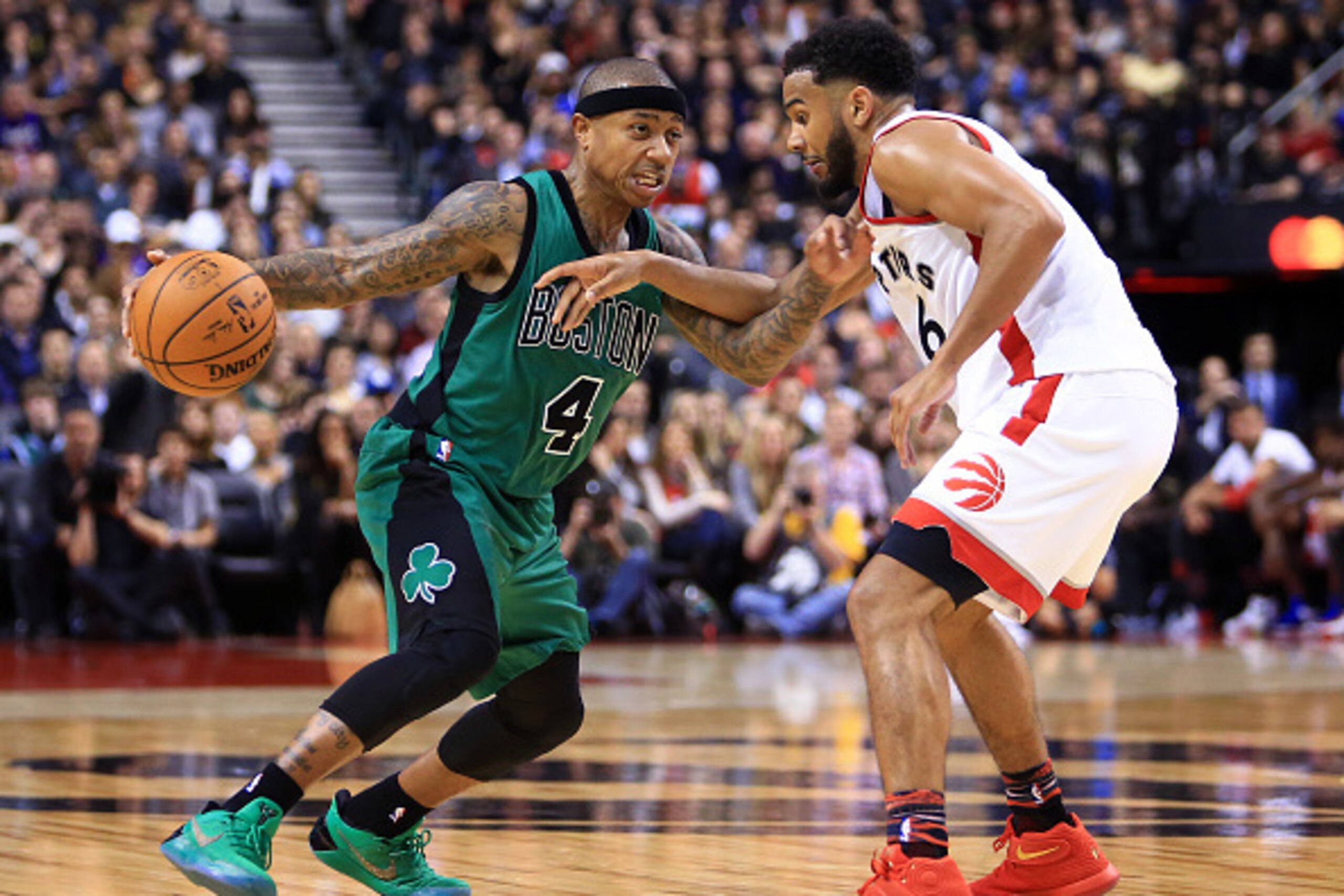TORONTO, ON - FEBRUARY 24: Isaiah Thomas #4 of the Boston Celtics dribbles the ball as Cory Joseph #6 of the Toronto Raptors defends during the second half of an NBA game at Air Canada Centre on February 24, 2017 in Toronto, Canada. NOTE TO USER: User e TORONTO, ON - FEBRUARY 24: Isaiah Thomas #4 of the Boston Celtics dribbles the ball as Cory Joseph #6 of the Toronto Raptors defends during the second half of an NBA game at Air Canada Centre on February 24, 2017 in Toronto, Canada. NOTE TO USER: User e