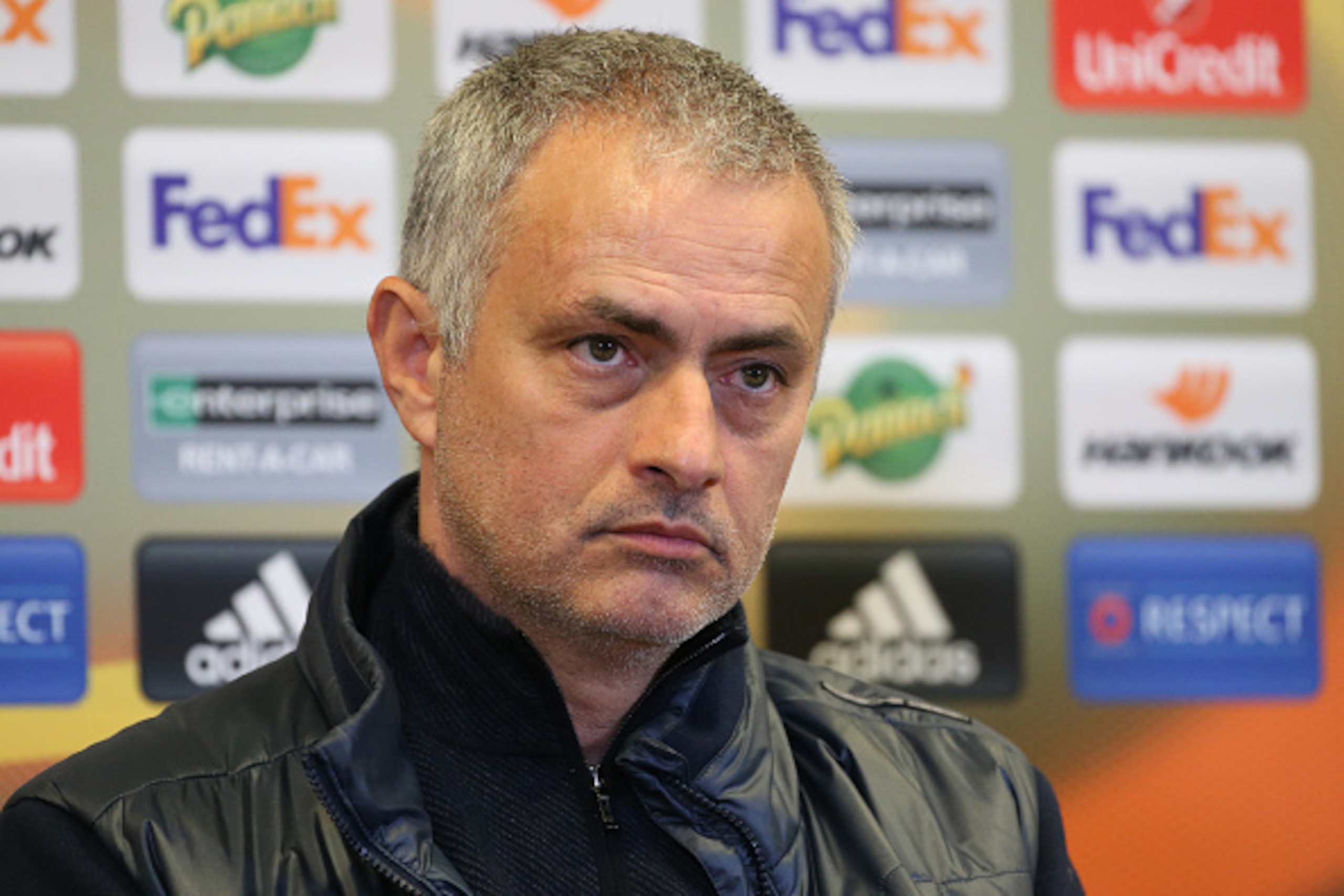 SAINT-ETIENNE, FRANCE - FEBRUARY 22: Coach of Manchester United Jose Mourinho answers to the media following the UEFA Europa League Round of 32 second leg match between AS Saint-Etienne (ASSE) and Manchester United at Stade Geoffroy-Guichard on February 2