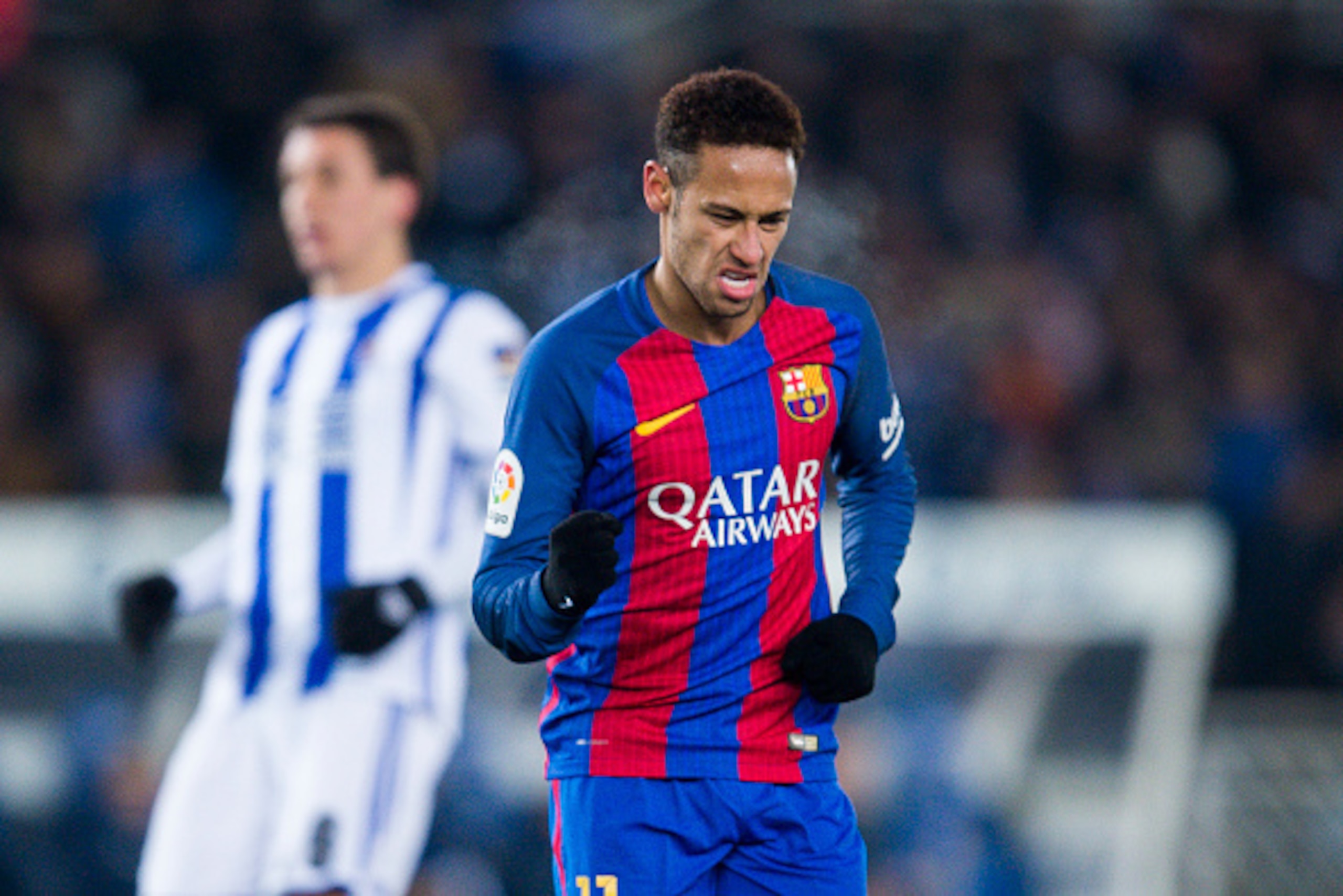 SAN SEBASTIAN, SPAIN - JANUARY 19:  Neymar Jr. of FC Barcelona celebrates after scoring goal during the Copa del Rey Quarter Final, First Leg match between Real Sociedad de Futbol and FC Barcelona at Estadio Anoeta on January 19, 2017 in San Sebastian, Sp