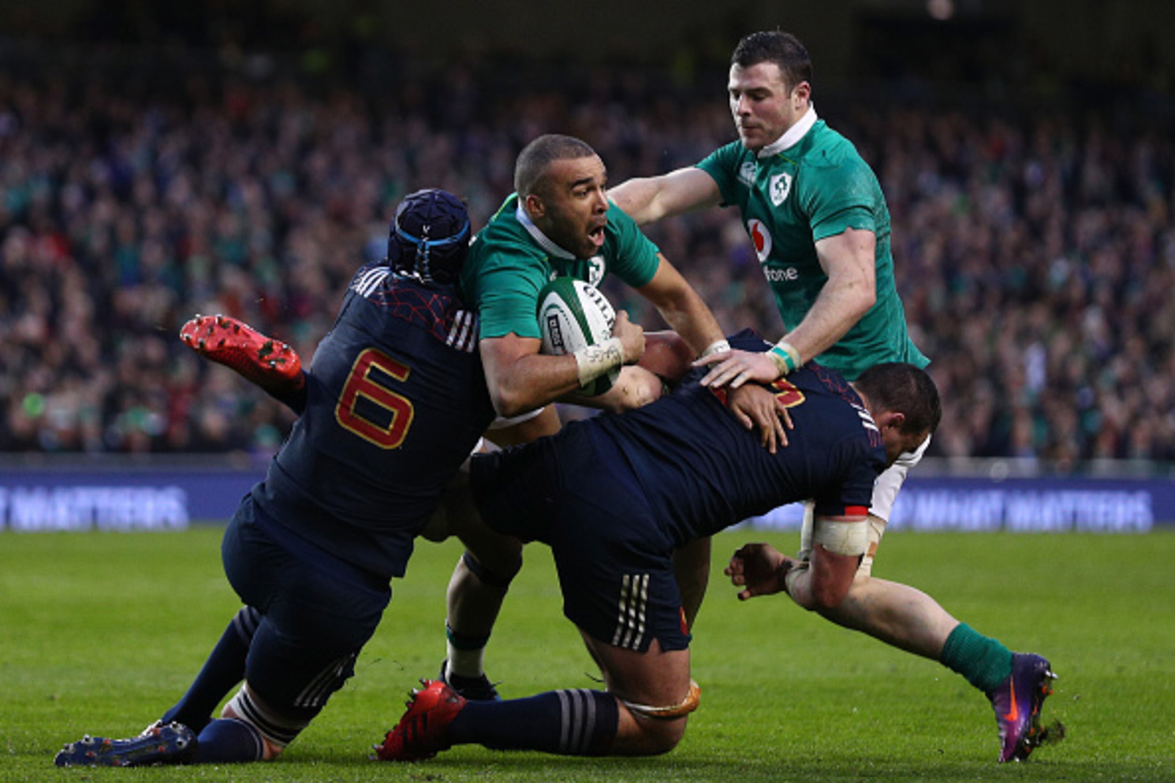 DUBLIN, IRELAND - FEBRUARY 25:  Simon Zebo of Ireland is wrapped up by Bernard le Roux and Louis Picamoles of France during the RBS Six Nations match between Ireland and France at the Aviva Stadium on February 25, 2017 in Dublin, Ireland.  (Photo by Ian W
