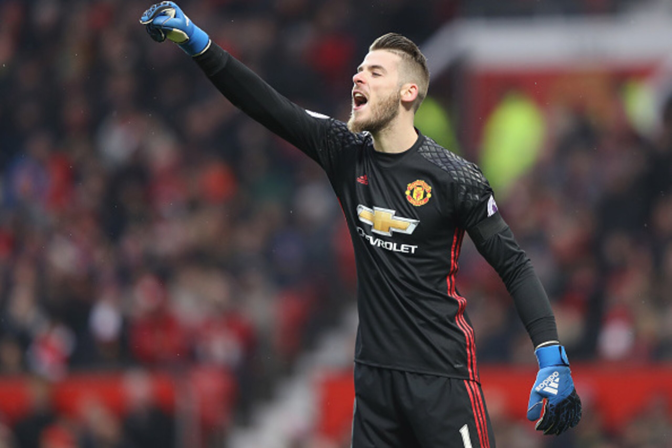 MANCHESTER, ENGLAND - FEBRUARY 11:  David De Gea of Manchester United in action during the Premier League match between Manchester United and Watford at Old Trafford on February 11, 2017 in Manchester, England.  (Photo by Mark Thompson/Getty Images)