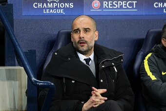 MANCHESTER, ENGLAND - FEBRUARY 21: Coach of Manchester City Pep Guardiola looks on during the UEFA Champions League Round of 16 first leg match between Manchester City FC and AS Monaco at Etihad Stadium on February 21, 2017 in Manchester, United Kingdom. 