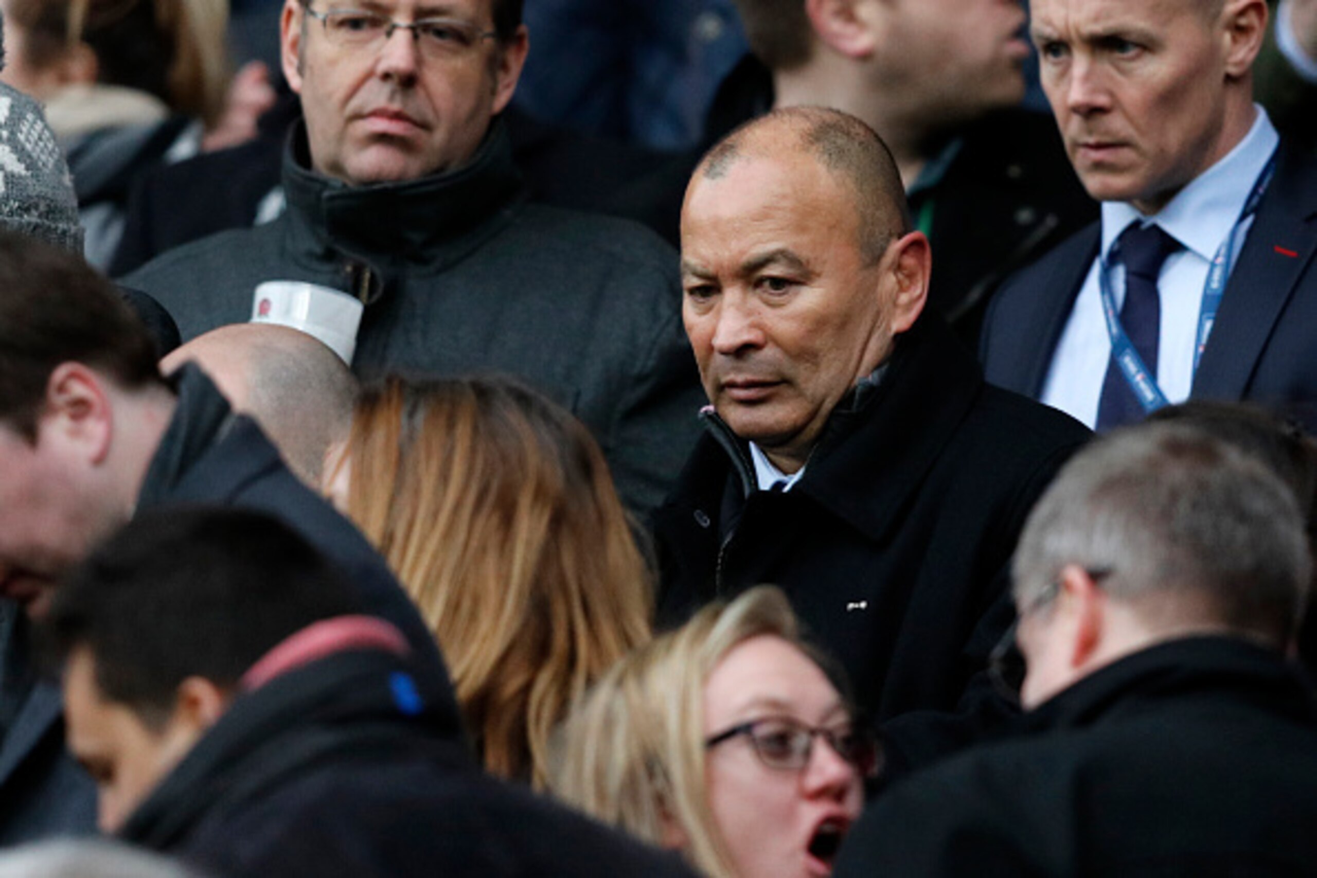 England's coach Eddie Jones comes down from his seat in the stands after the Six Nations international rugby union match between England and Italy at Twickenham stadium in southwest London on February 26, 2017.
England won the game 36-15. / AFP / Adrian D