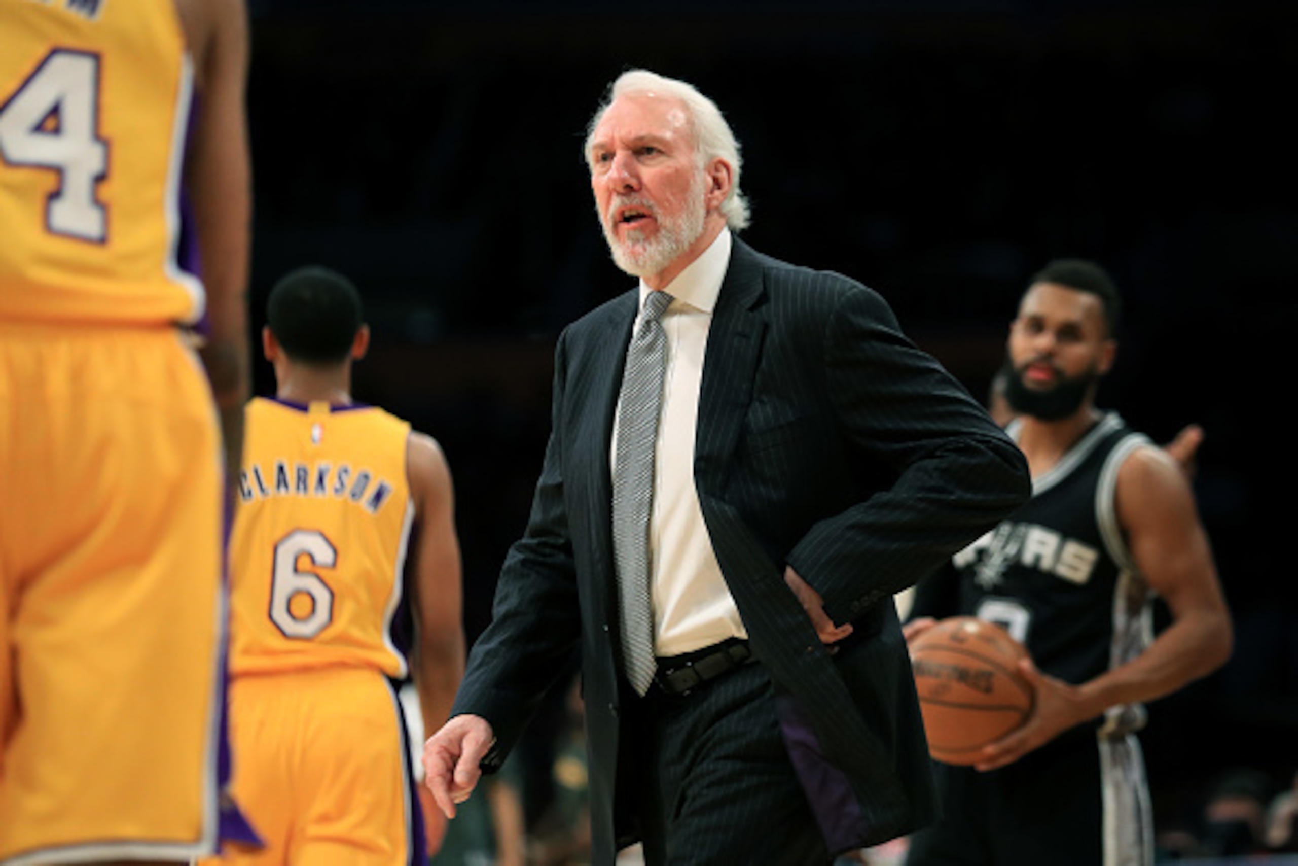 LOS ANGELES, CA - NOVEMBER 18: Head Coach Gregg Popovich of the San Antonio Spurs coaches from the bench during the second half of a game against the Los Angeles Lakers at Staples Center on November 18, 2016 in Los Angeles, California. NOTE TO USER: Use LOS ANGELES, CA - NOVEMBER 18: Head Coach Gregg Popovich of the San Antonio Spurs coaches from the bench during the second half of a game against the Los Angeles Lakers at Staples Center on November 18, 2016 in Los Angeles, California. NOTE TO USER: Use