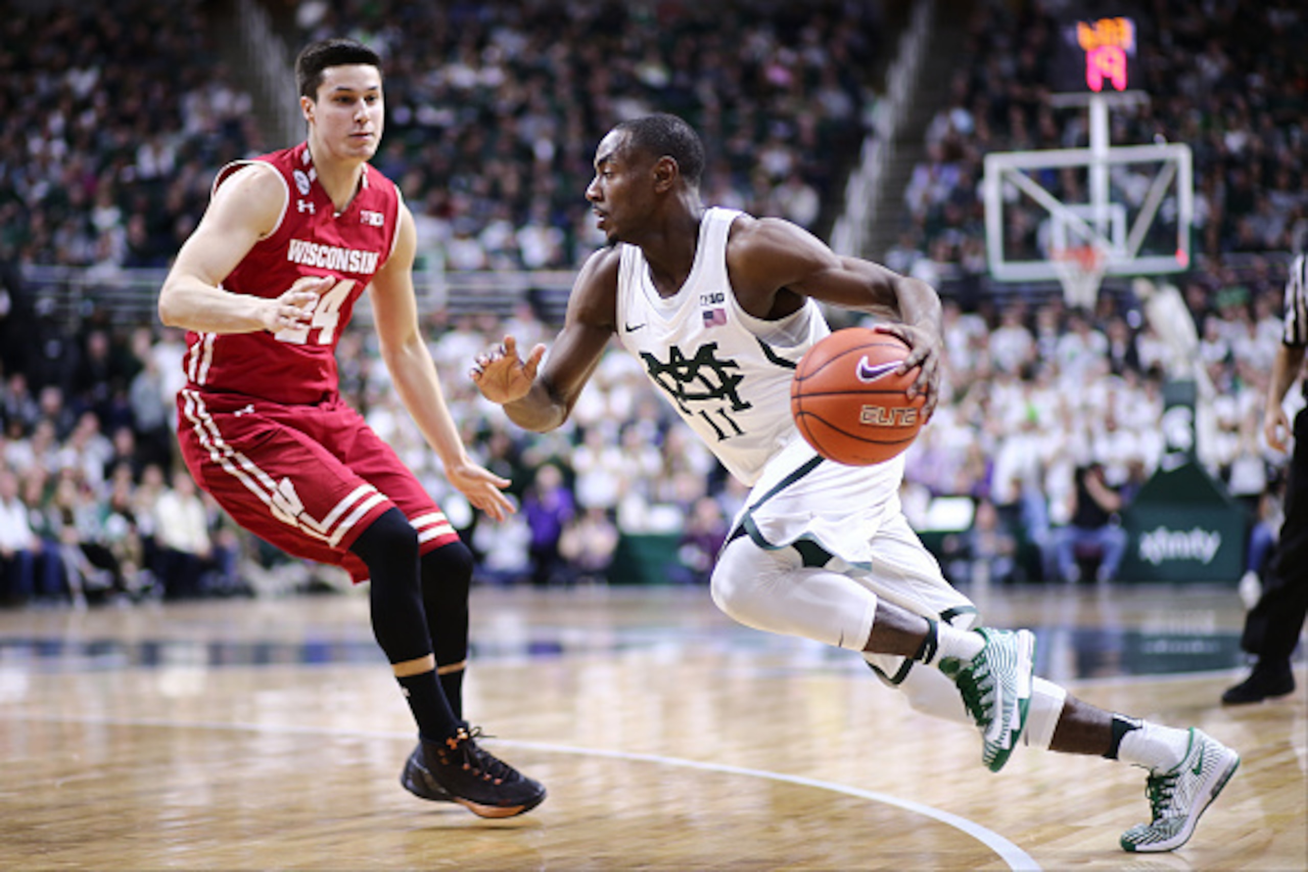 EAST LANSING, MI - FEBRUARY 26: Lourawls Nairn Jr. #11 of the Michigan State Spartans drives to the basket during the game against the Wisconsin Badgers in the first half at the Breslin Center on February 26, 2017 in East Lansing, Michigan. (Photo by Rey 