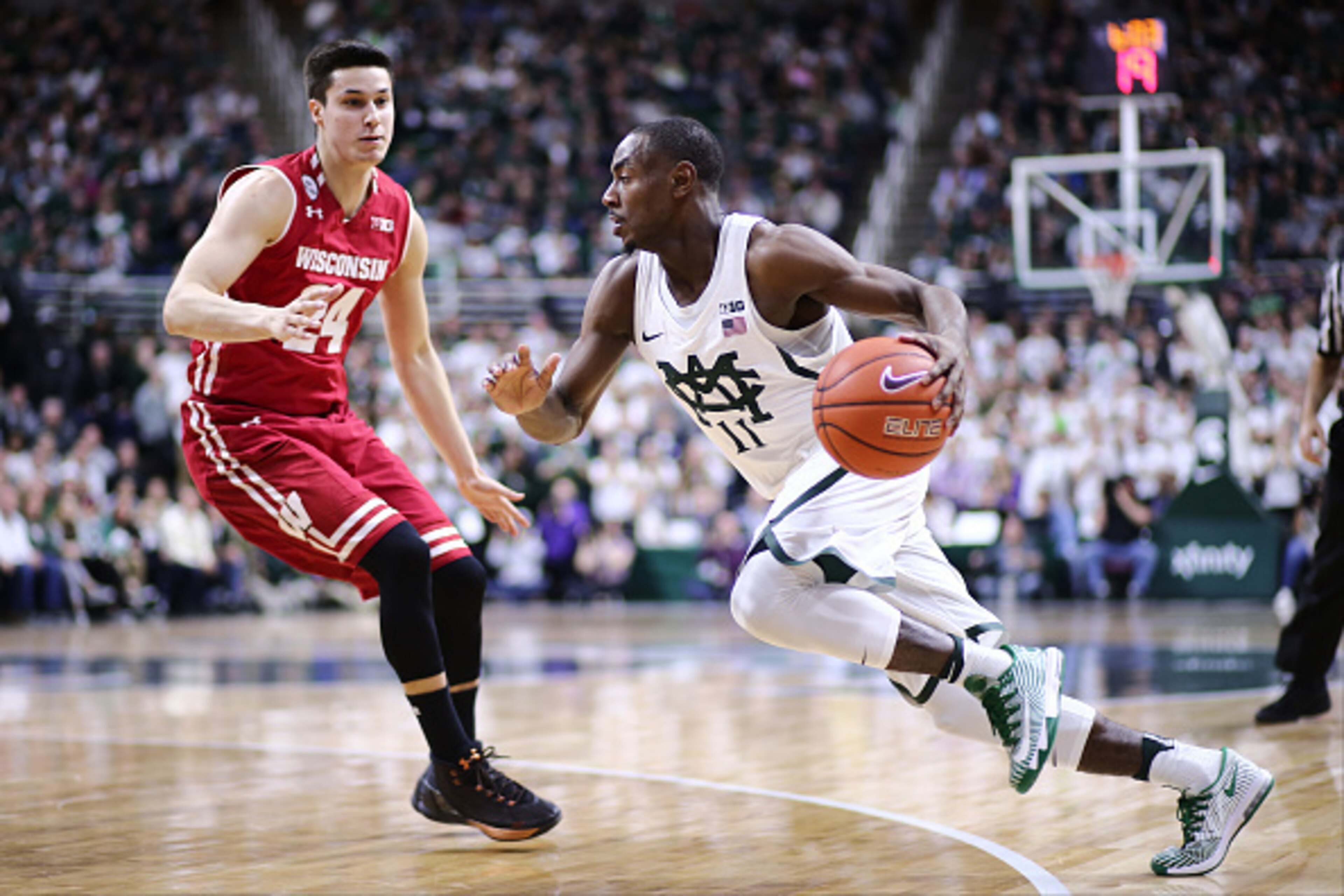 EAST LANSING, MI - FEBRUARY 26: Lourawls Nairn Jr. #11 of the Michigan State Spartans drives to the basket during the game against the Wisconsin Badgers in the first half at the Breslin Center on February 26, 2017 in East Lansing, Michigan. (Photo by Rey 