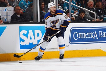 SAN JOSE, CA - MAY 25: Kevin Shattenkirk #22 of the St. Louis Blues skates with the puck against the San Jose Sharks in Game Six of the Western Conference Finals during the 2016 NHL Stanley Cup Playoffs at SAP Center on May 25, 2016 in San Jose, Californi
