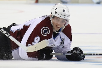 NEW YORK, NY - FEBRUARY 12: Matt Duchene #9 of the Colorado Avalanche keeps his eyes on the play during the first period against the New York Islanders at the Barclays Center on February 12, 2017 in the Brooklyn borough of New York City.  (Photo by Bruce 
