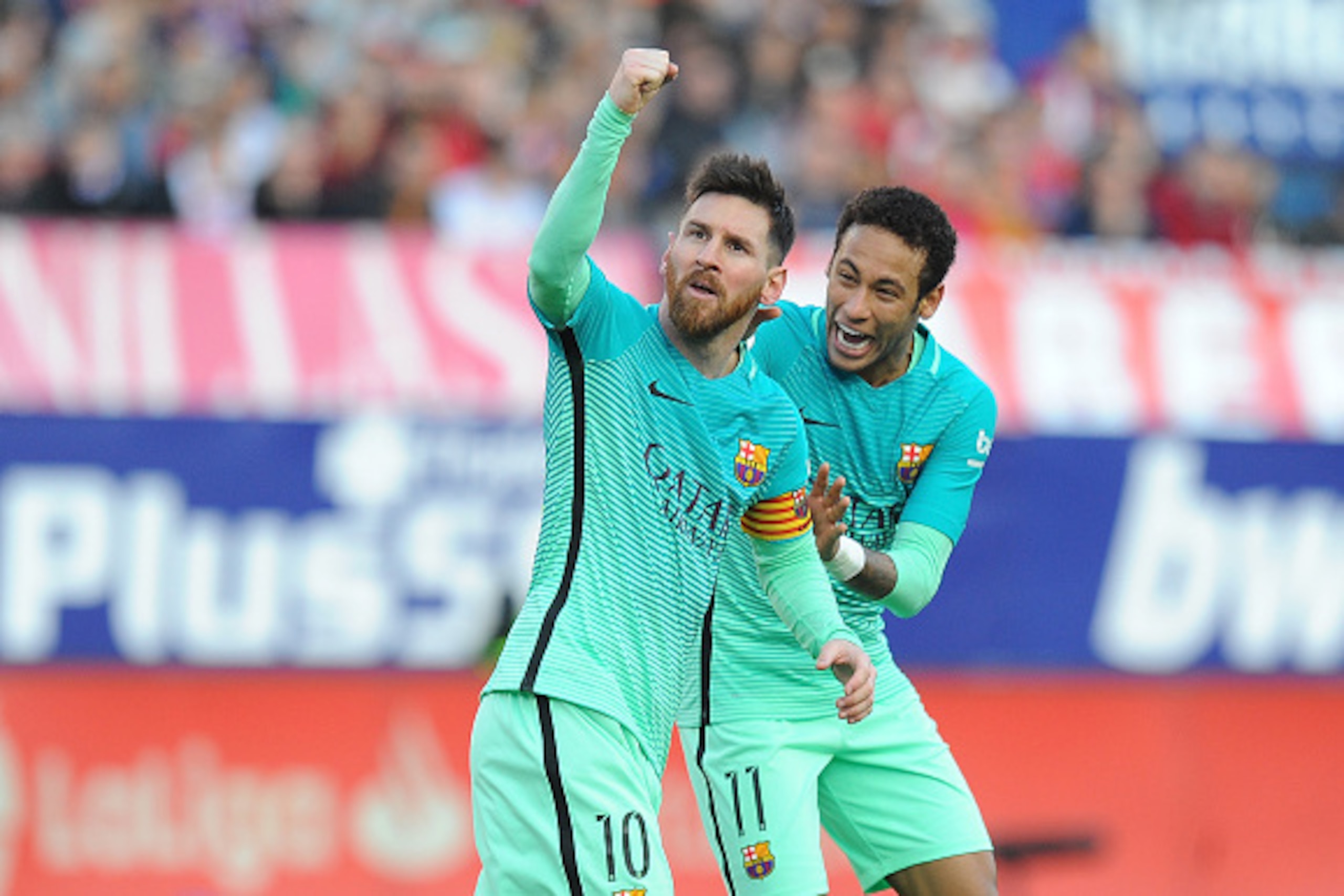 MADRID, SPAIN - FEBRUARY 26:  Lionel Messi of FC Barcelona celebratea with Neymar after scoring his 2nd goal during the La Liga match between Club Atletico de Madrid and FC Barcelona at Vicente Calderon Stadium on February 26, 2017 in Madrid, Spain.  (Pho