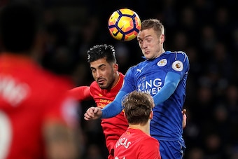 LEICESTER, ENGLAND - FEBRUARY 27:  Jamie Vardy of Leicester City scores the third goal to make the score 3-0 during the Premier League match between Leicester City and Liverpool at The King Power Stadium on February 27, 2017 in Leicester, England.  (Photo