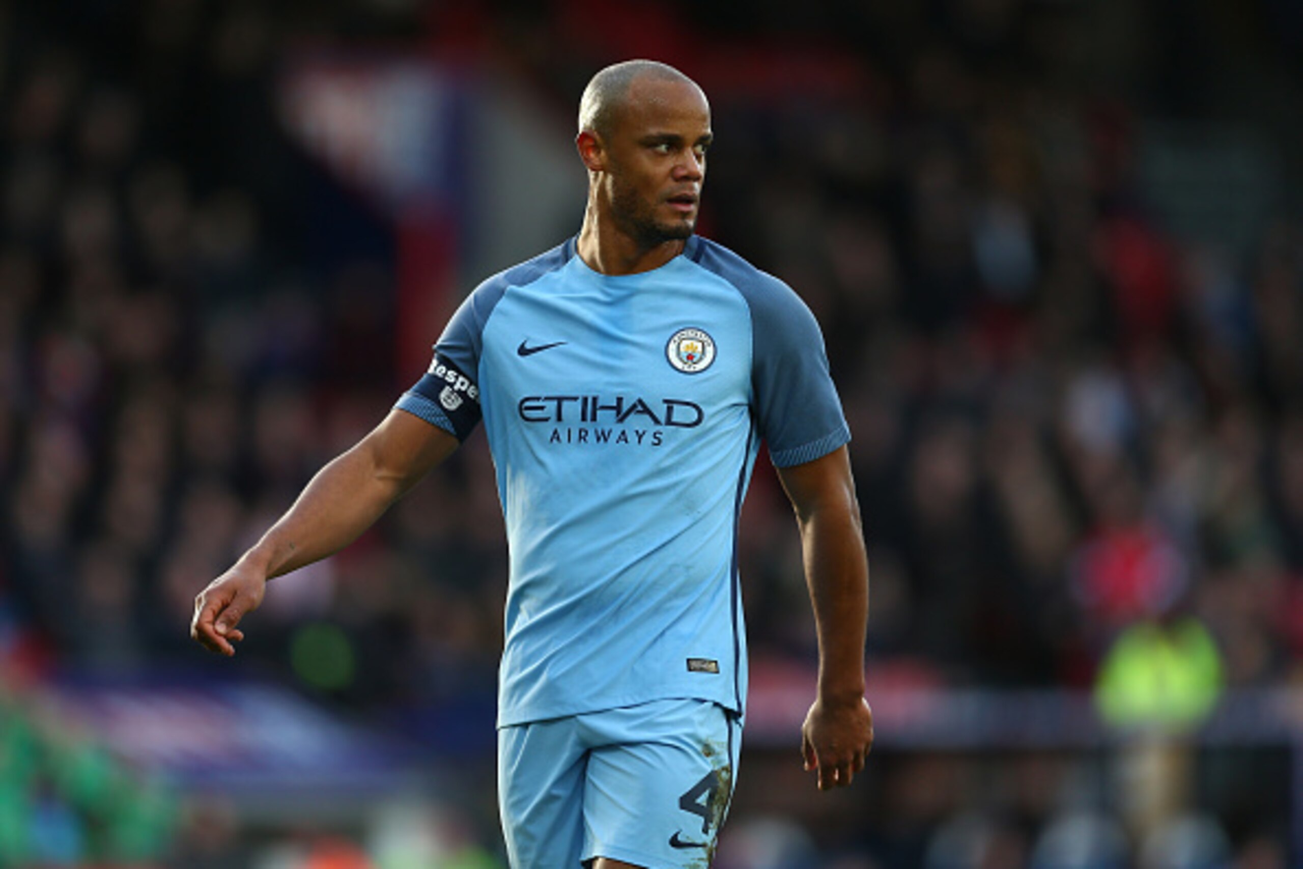 LONDON, ENGLAND - JANUARY 28: Vincent Kompany of Manchester City looks on during the Emirates FA Cup Fourth Round match between Crystal Palace and Manchester City at Selhurst Park on January 28, 2017 in London, England.  (Photo by Steve Bardens/Getty Imag