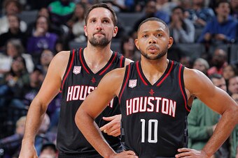 SACRAMENTO, CA - NOVEMBER 25: Ryan Anderson #3 and Eric Gordon #10 of the Houston Rockets look on during the game against the Sacramento Kings on November 25, 2016 at Golden 1 Center in Sacramento, California. NOTE TO USER: User expressly acknowledges and