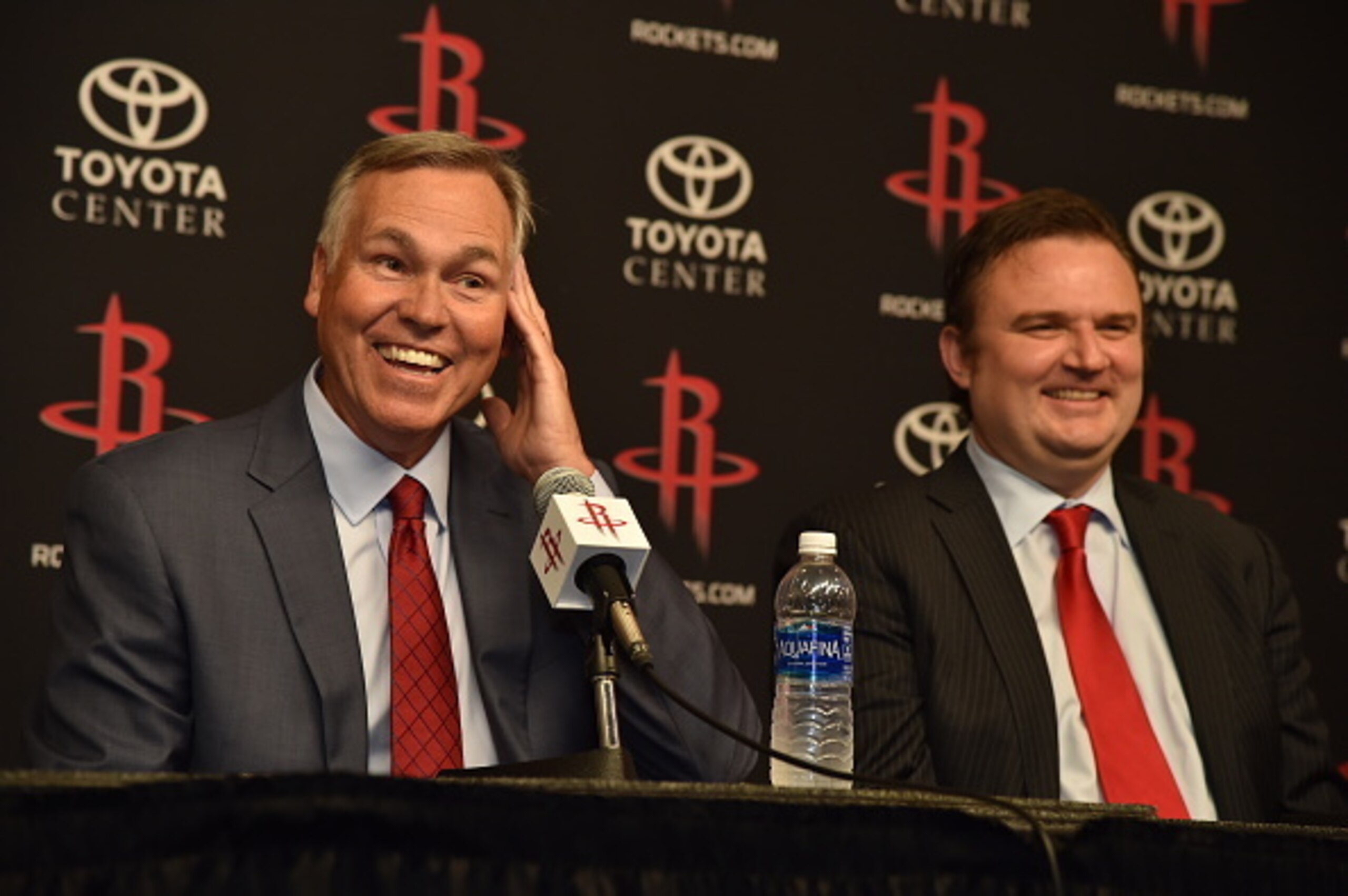HOUSTON, TX - June 1:  Houston Rockets GM Daryl Morey and Mike D'Antoni are interviewed as the Rockets announce D'Antoni as their new head coach on June 1, 2016 at Toyota Center in Houston, Texas. NOTE TO USER: User expressly acknowledges and agrees that,