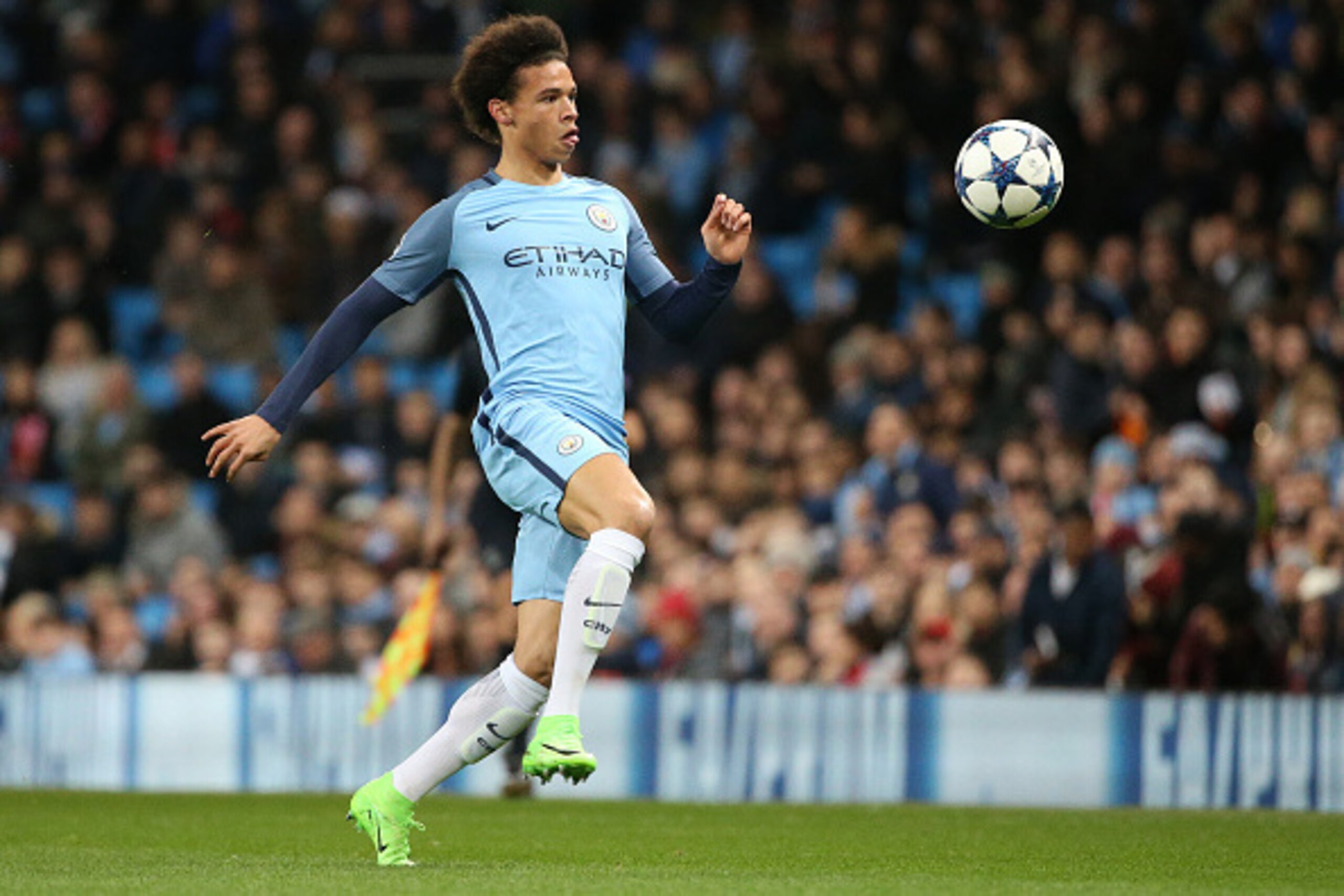MANCHESTER, ENGLAND - FEBRUARY 21: Leroy Sane of Manchester City in action during the UEFA Champions League Round of 16 first leg match between Manchester City FC and AS Monaco at Etihad Stadium on February 21, 2017 in Manchester, United Kingdom. (Photo b MANCHESTER, ENGLAND - FEBRUARY 21: Leroy Sane of Manchester City in action during the UEFA Champions League Round of 16 first leg match between Manchester City FC and AS Monaco at Etihad Stadium on February 21, 2017 in Manchester, United Kingdom. (Photo b