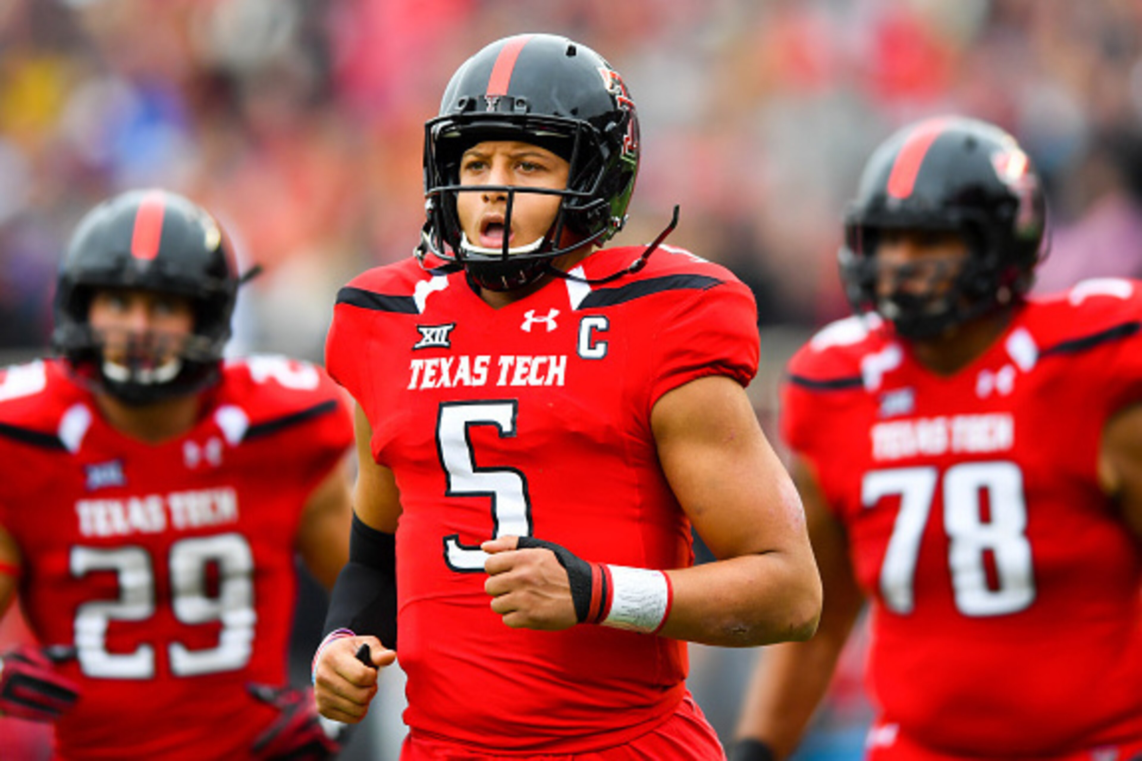 LUBBOCK, TX - NOVEMBER 05: Patrick Mahomes II #5 of the Texas Tech Red Raiders leads the offense on to the field during the game against the Texas Longhorns on November 5, 2016 at AT&T Jones Stadium in Lubbock, Texas. Texas defeated Texas Tech 45-37. (Pho