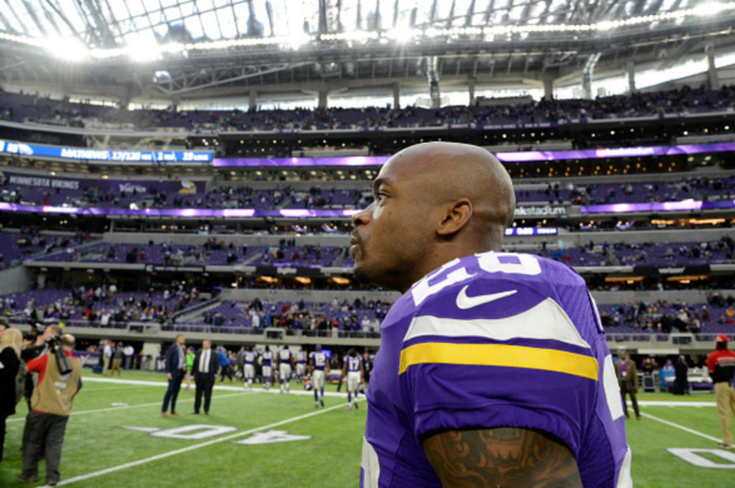 MINNEAPOLIS, MN - DECEMBER 18: Adrian Peterson #28 of the Minnesota Vikings on field after the game against the Indianapolis Colts on December 18, 2016 at US Bank Stadium in Minneapolis, Minnesota. The Colts defeated the Vikings 34-6. (Photo by Hannah Fos