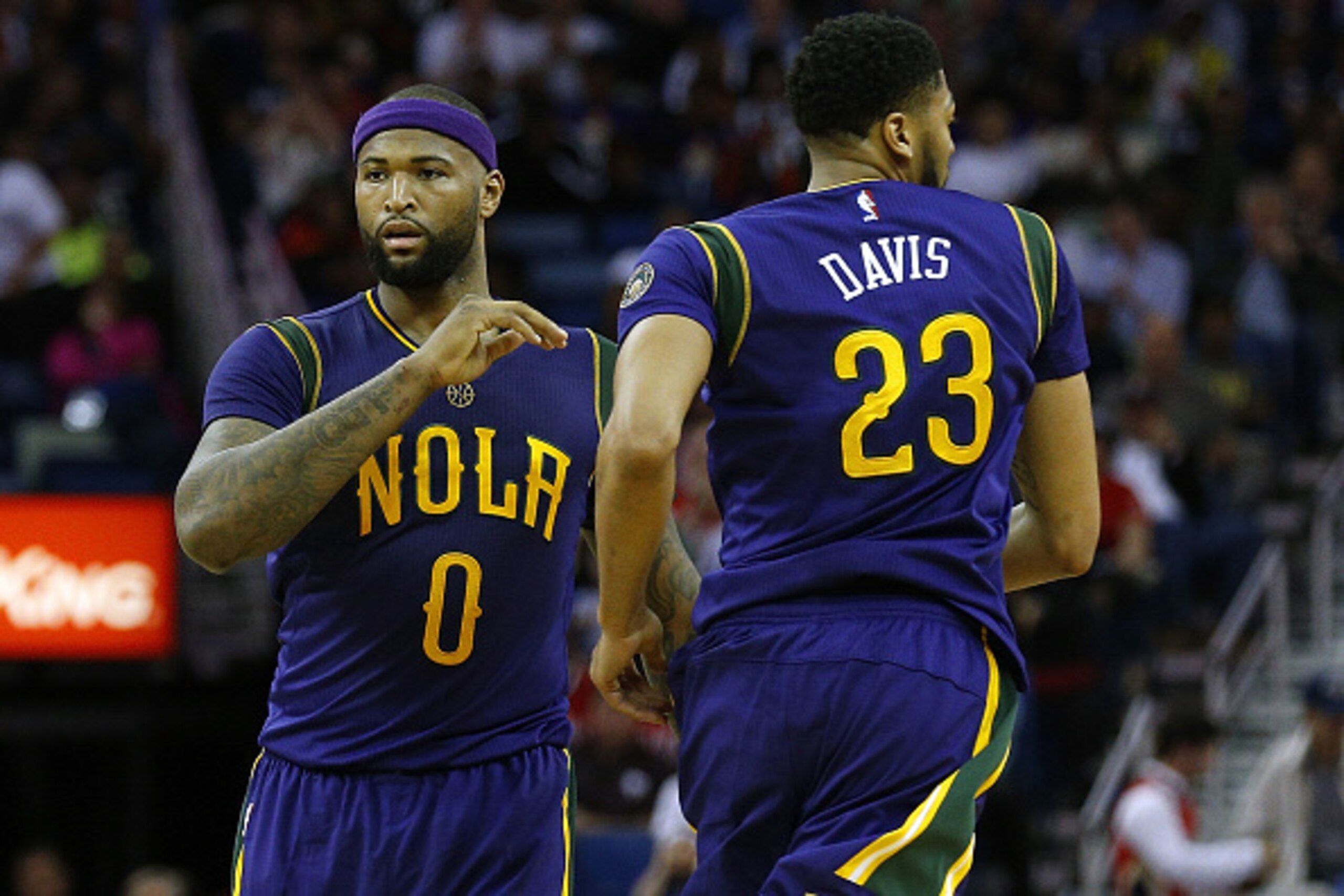 NEW ORLEANS, LA - FEBRUARY 23:  Anthony Davis #23 of the New Orleans Pelicans and DeMarcus Cousins #0 react during a game against the Houston Rockets at the Smoothie King Center on February 23, 2017 in New Orleans, Louisiana. NOTE TO USER: User expressly 