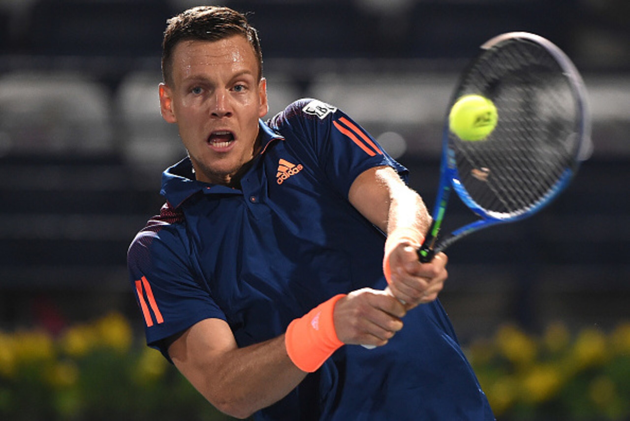 DUBAI, UNITED ARAB EMIRATES - FEBRUARY 28:  Tomas Berdych of Czech Republic plays a backhand during his match against Lukas Rosol of Czech Republic on day three of the ATP Dubai Duty Free Tennis Championship on February 28, 2017 in Dubai, United Arab Emir