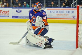 BRIDGEPORT, CT - FEBRUARY 19: Jaroslav Halak #41 of the Bridgeport Sound Tigers looks behind him for the puck during a game against the Hershey Bears at the Webster Bank Arena on February 19, 2017 in Bridgeport, Connecticut. (Photo by Gregory Vasil/Getty 