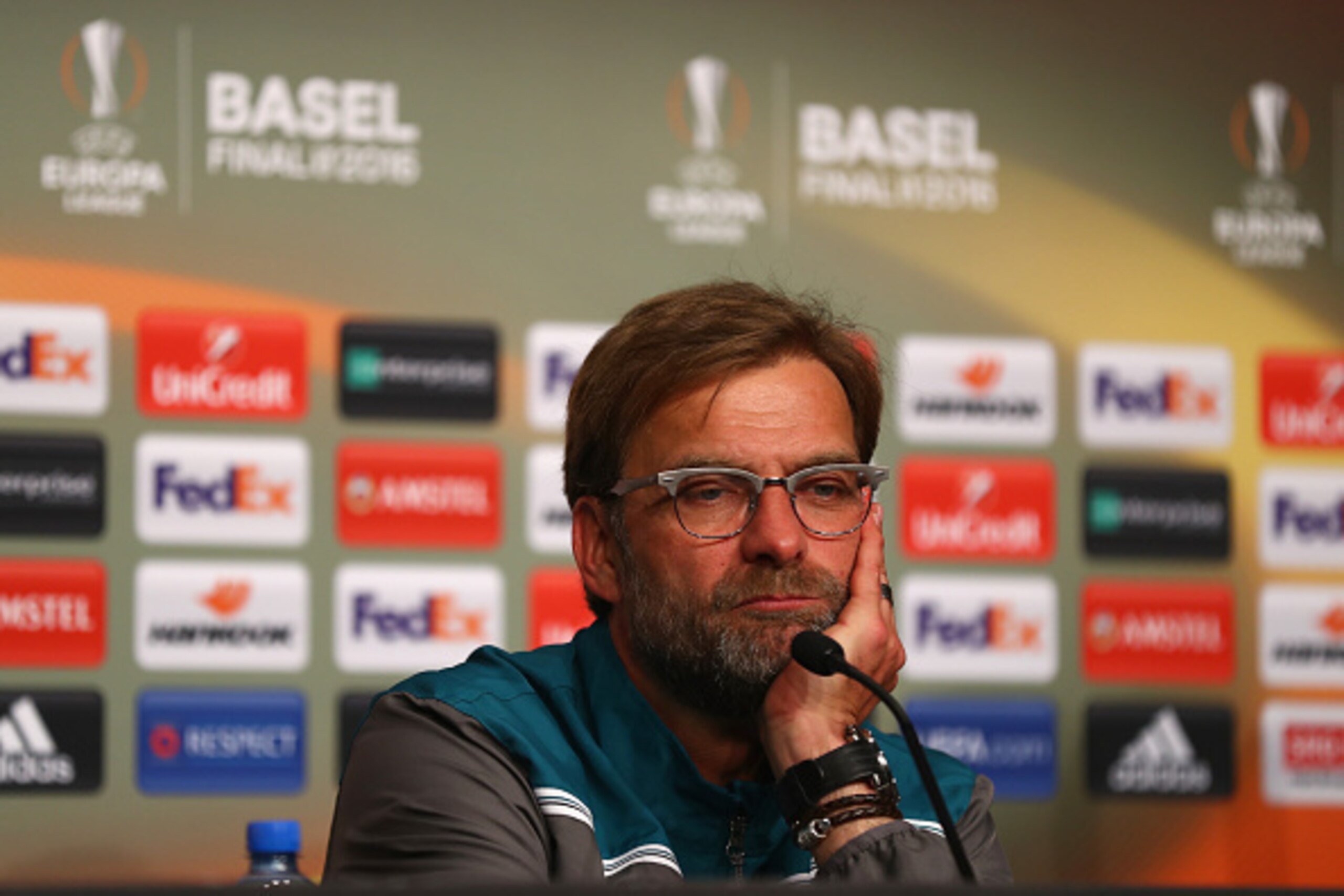 BASEL, SWITZERLAND - MAY 18:  In this handout image provided by UEFA, Jurgen Klopp, manager of Liverpool attends a press conference after the UEFA Europa League Final match between Liverpool and Sevilla at St. Jakob-Park on May 18, 2016 in Basel, Switzerl